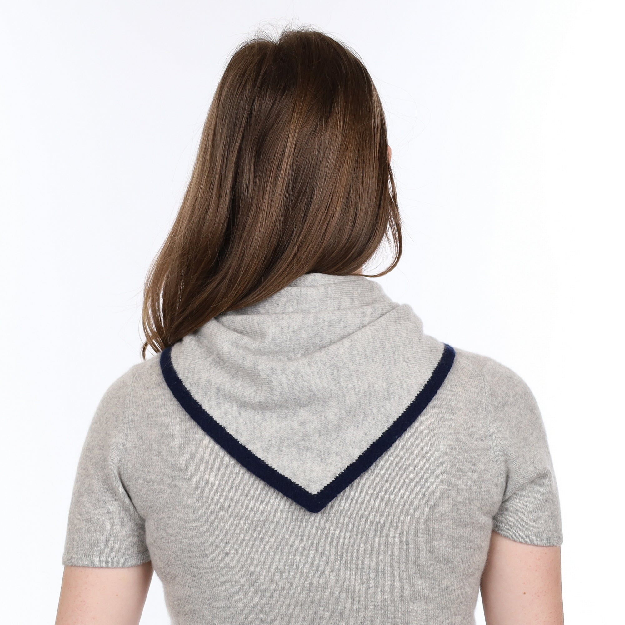 Brand New Mist Grey and Navy Recycled Cashmere Triangle Scarf