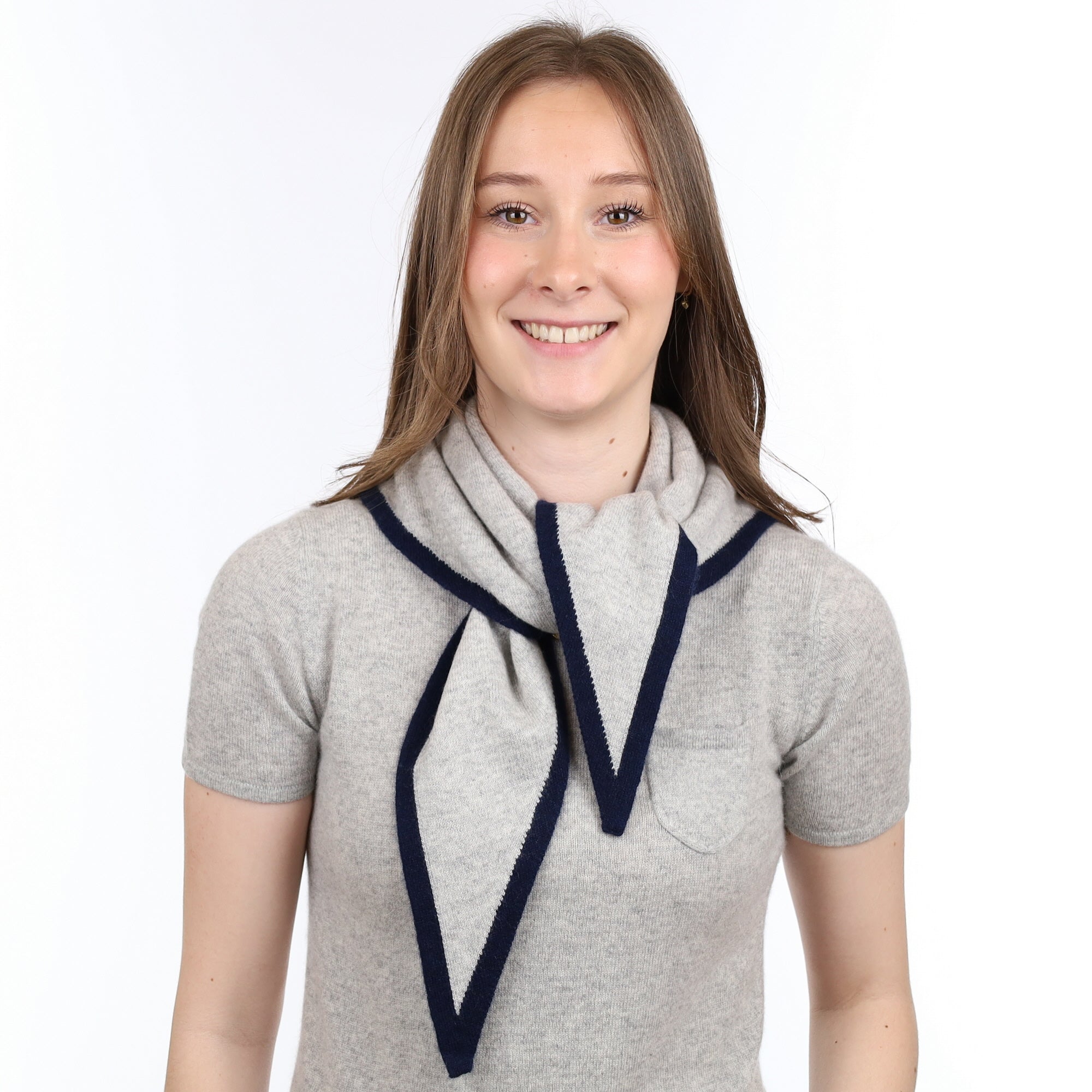 Brand New Mist Grey and Navy Recycled Cashmere Triangle Scarf