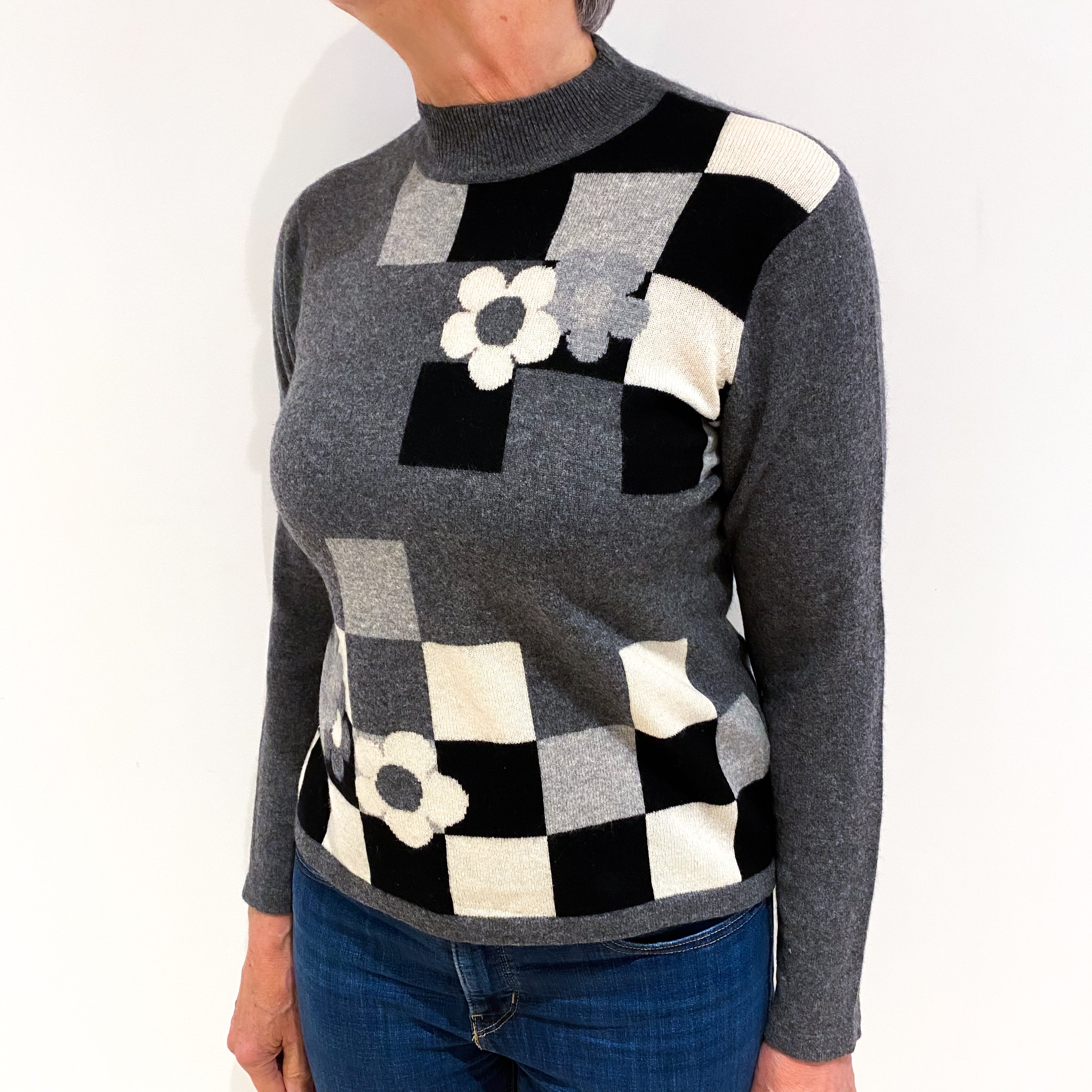 Grey Floral Checked Cashmere Turtle Neck Jumper Medium
