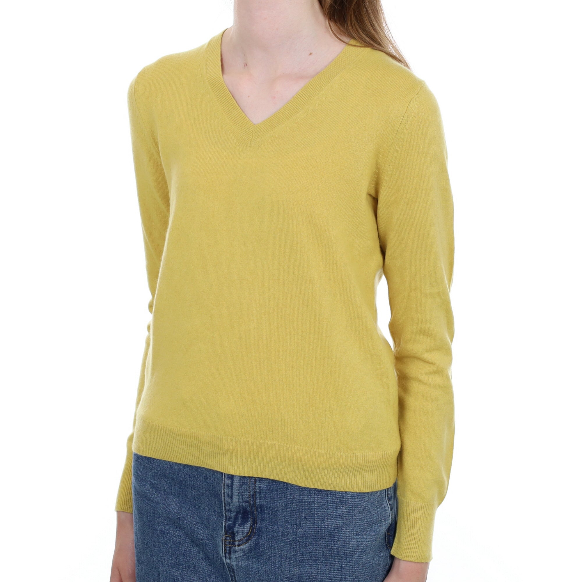 Flaxen Yellow Cashmere V Neck Jumper Extra Small