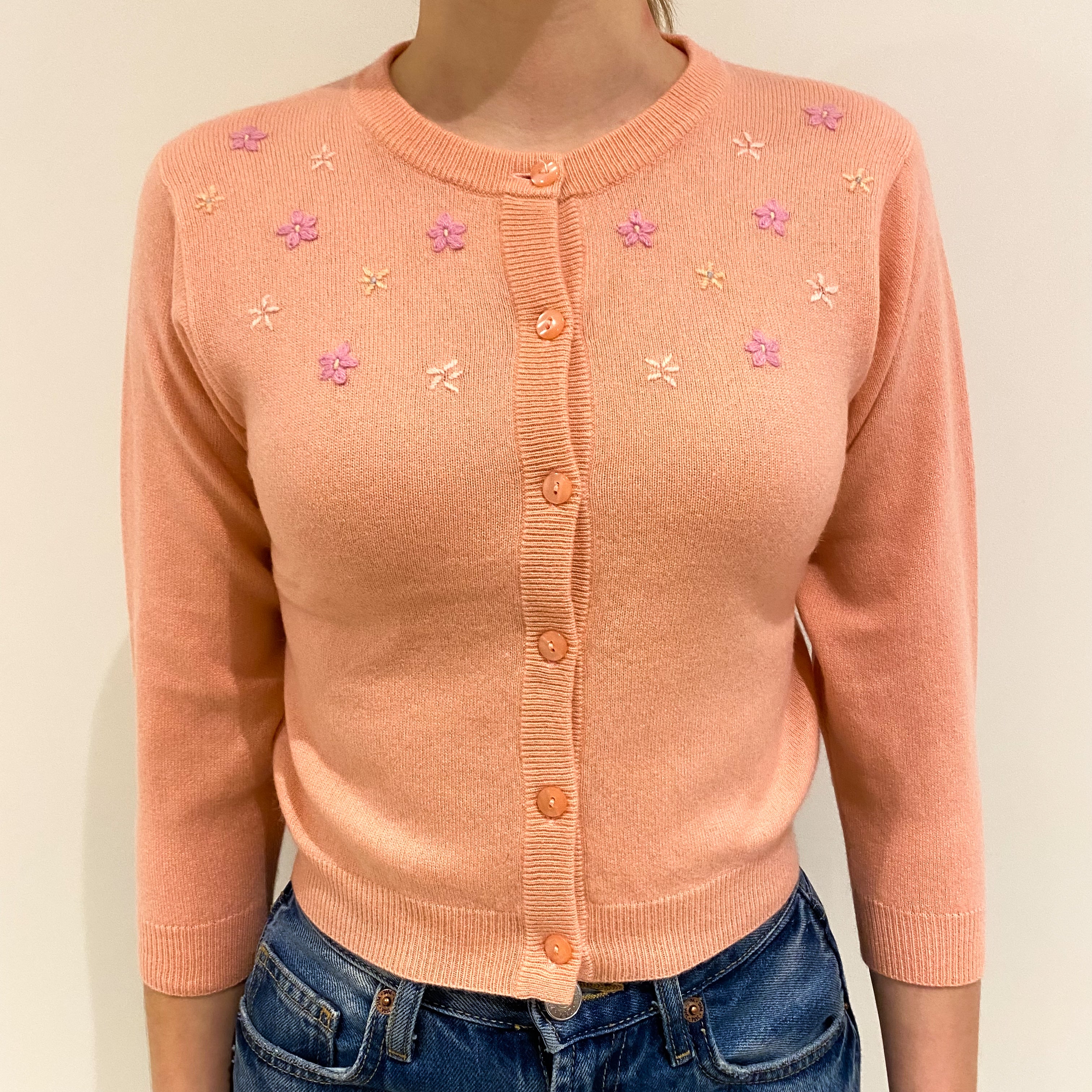 Peach Pink Floral Cashmere Crew Neck Cardigan Extra Small