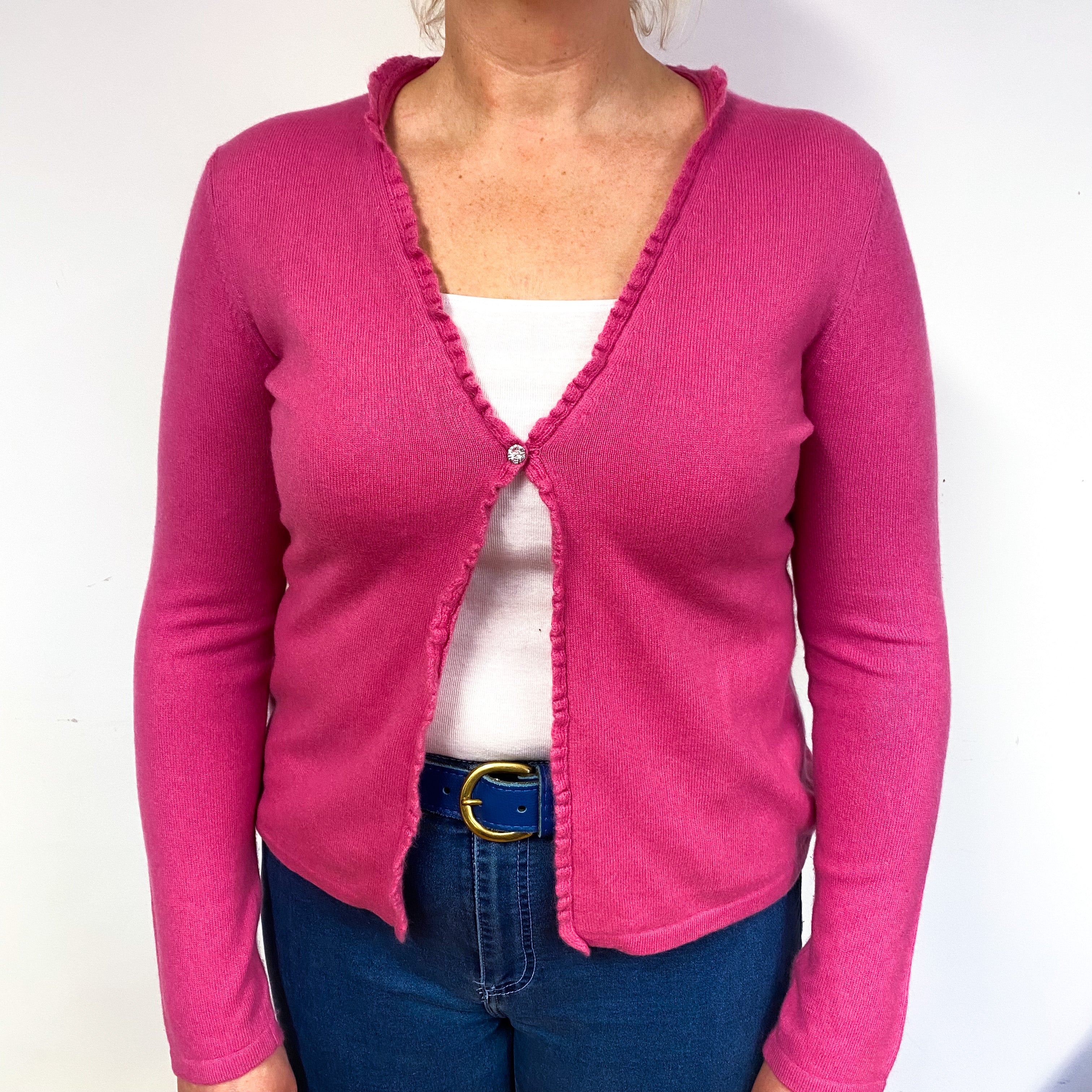 Tulip Pink Frill Trimmed Cashmere V-Neck Cardigan Large