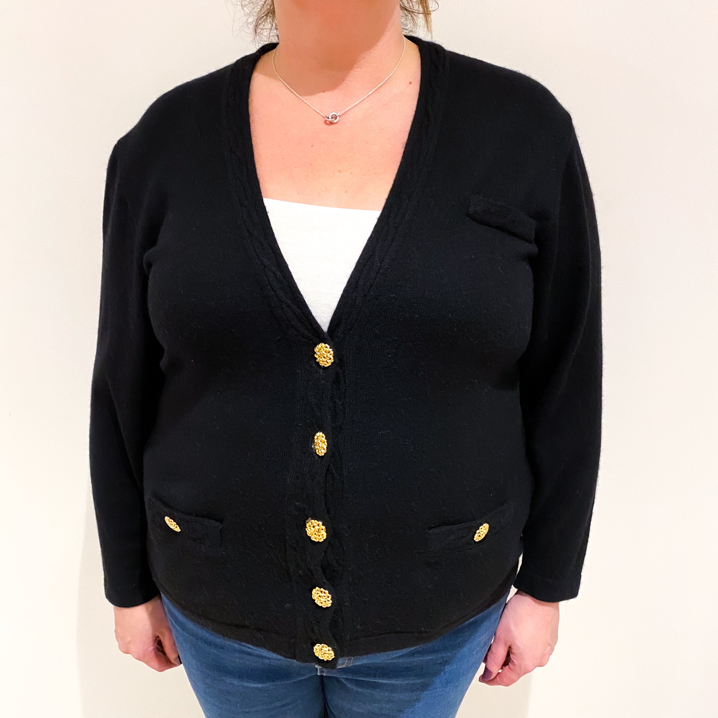 Black Cashmere V Neck Cardigan with Pockets Extra Large