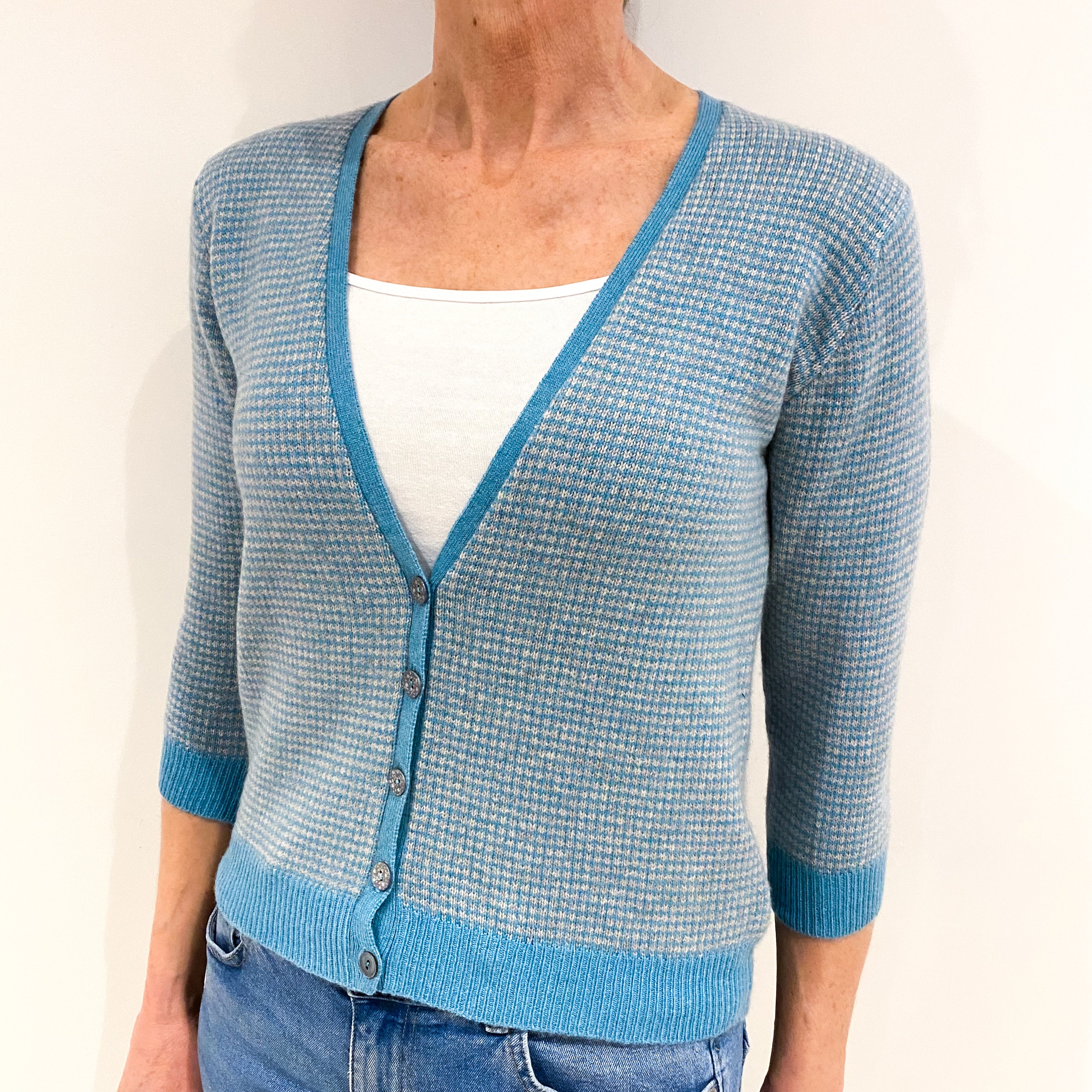 Scottish Brora Pale Aqua And Grey Cashmere Cardigan Small