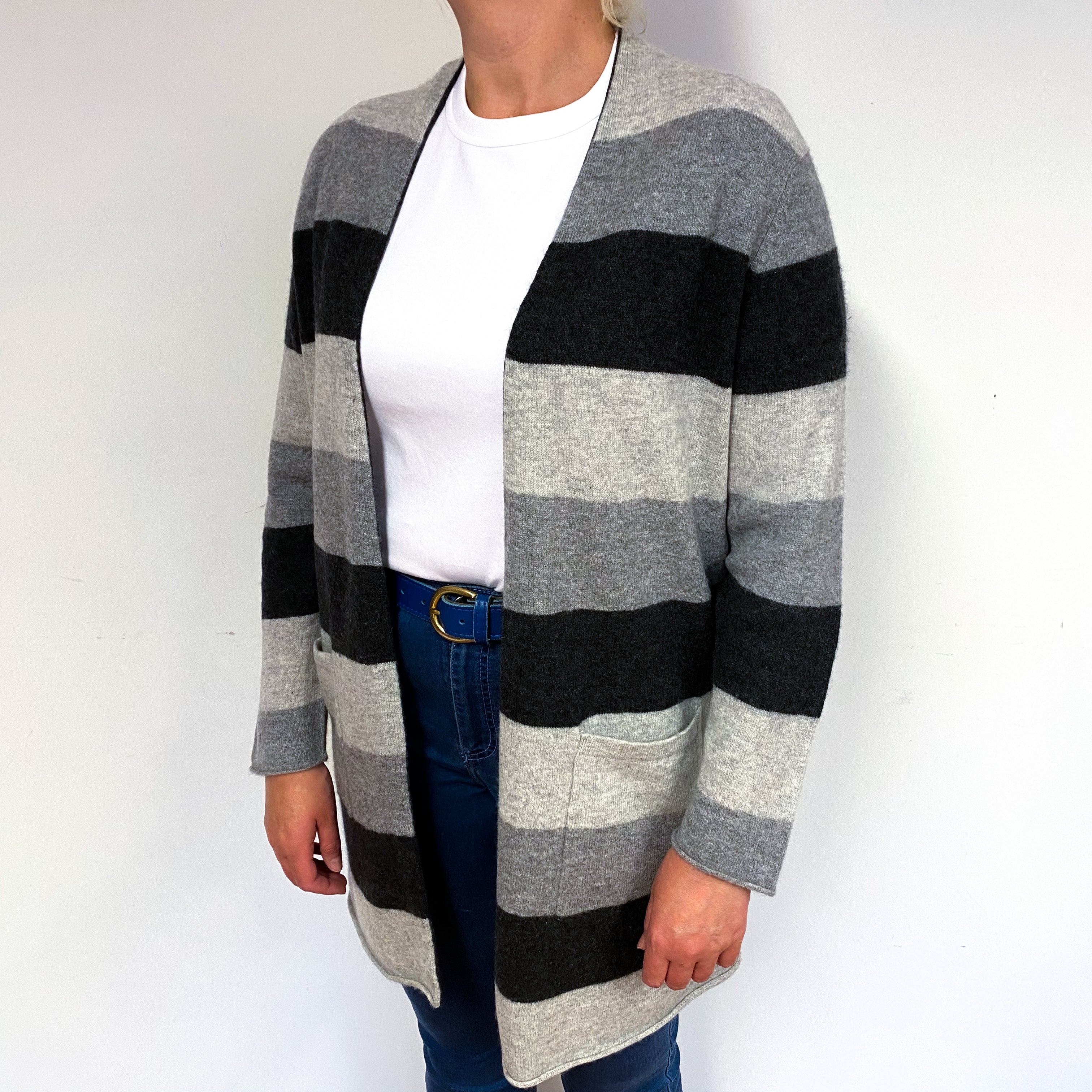 Grey Stripe Cashmere Edge to Edge Cardigan Large