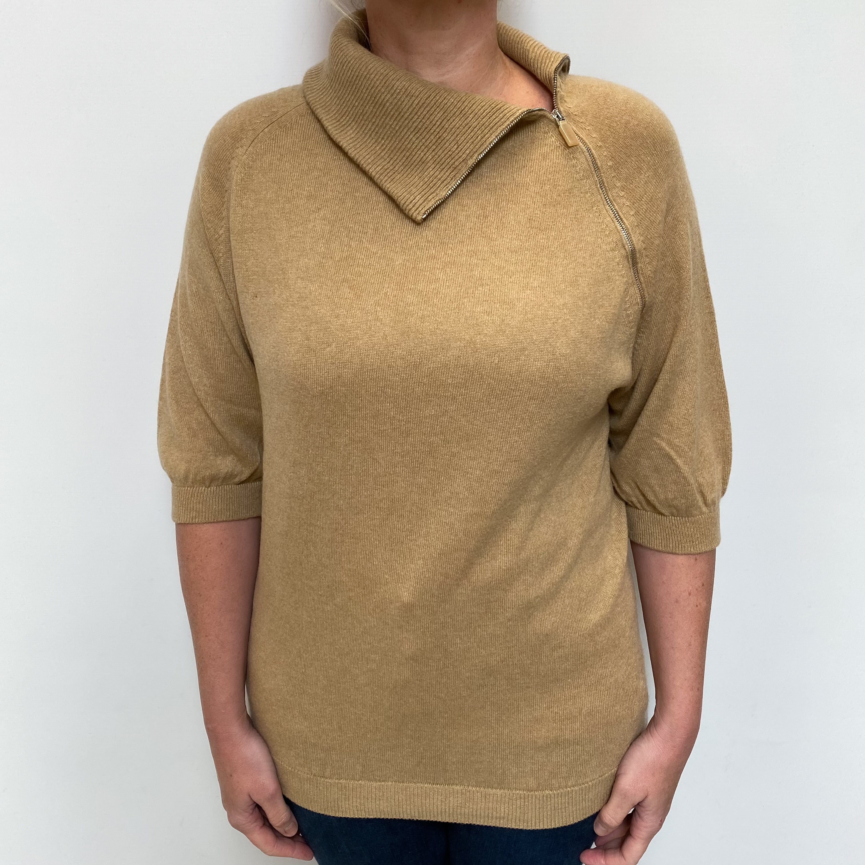 Camel Brown Cashmere Short Sleeve Split Polo Neck Jumper Large