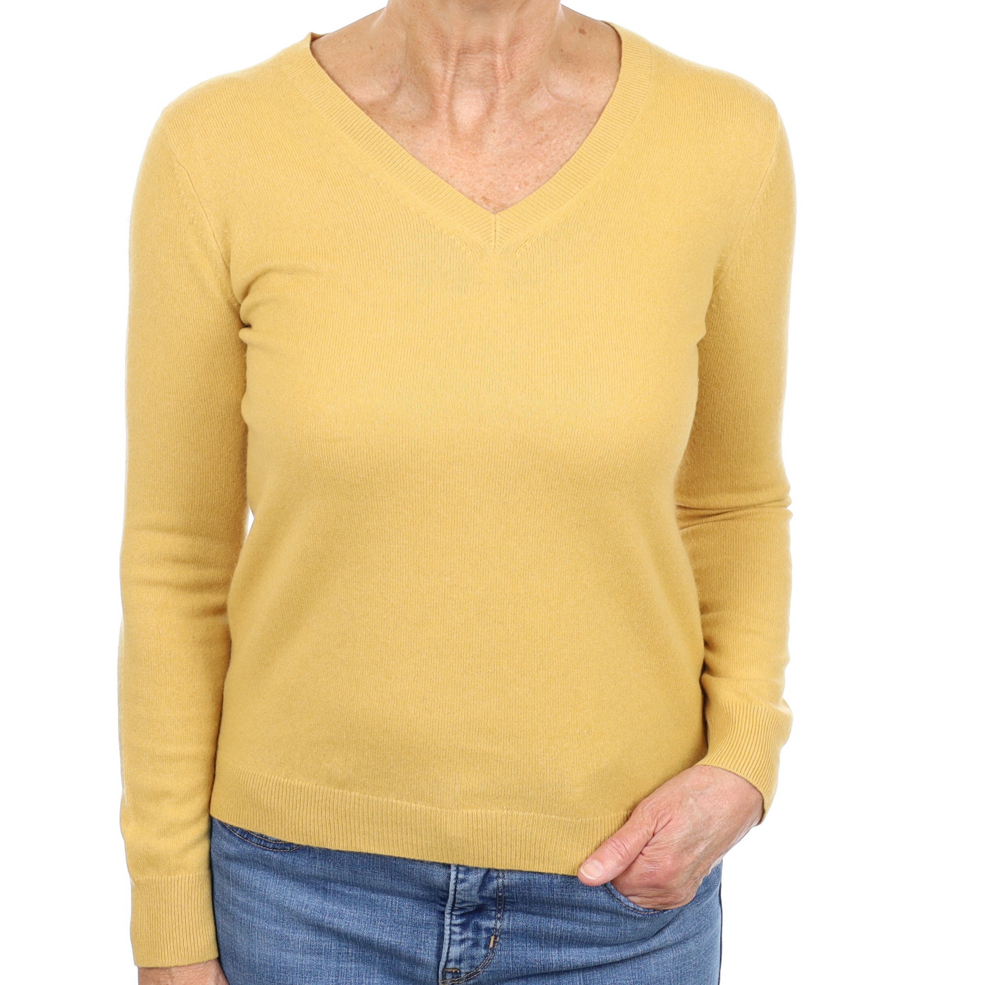 Mustard Yellow Cashmere V Neck Jumper Medium