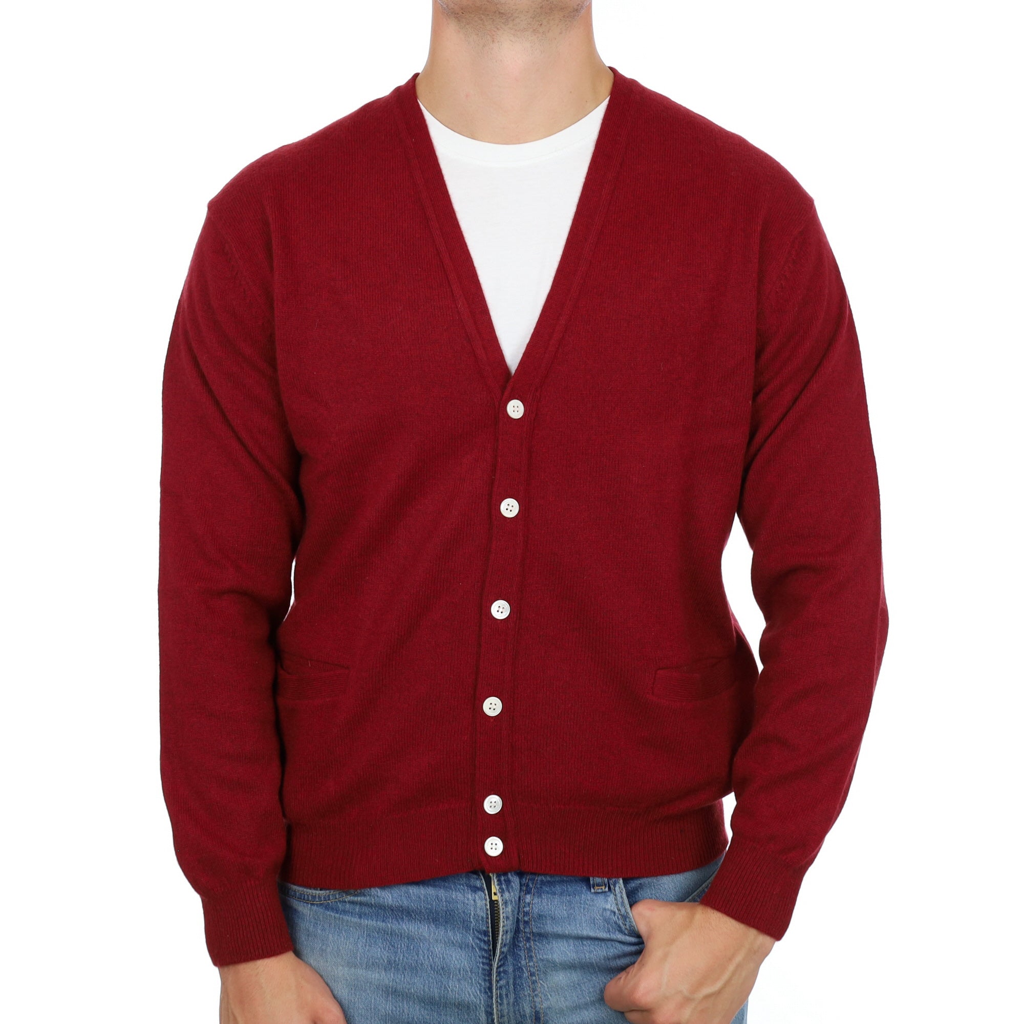 Men's Burgundy Red Cashmere V Neck Cardigan XL