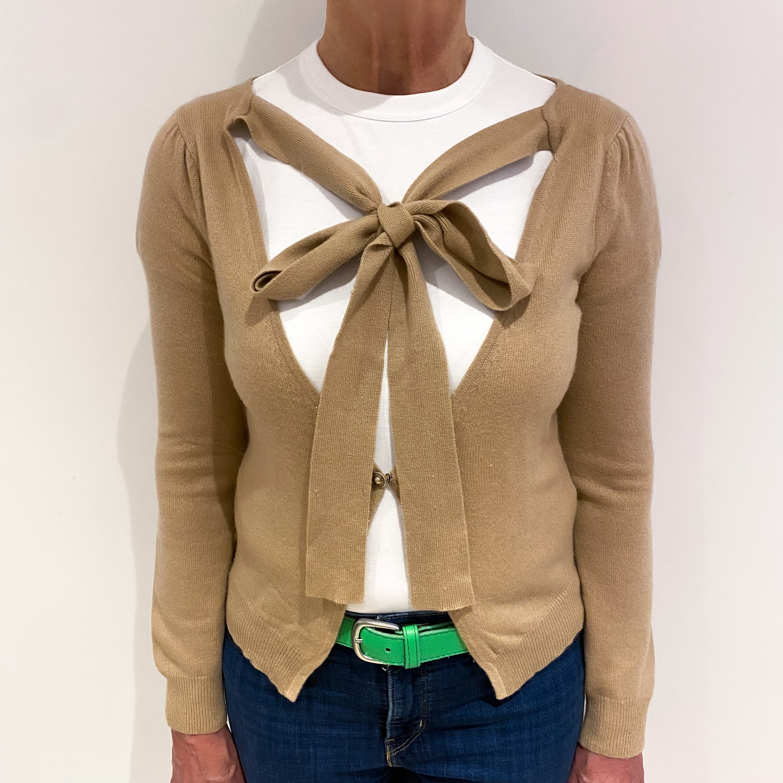 Caramel Brown Cashmere Neck Tie Cardigan Medium