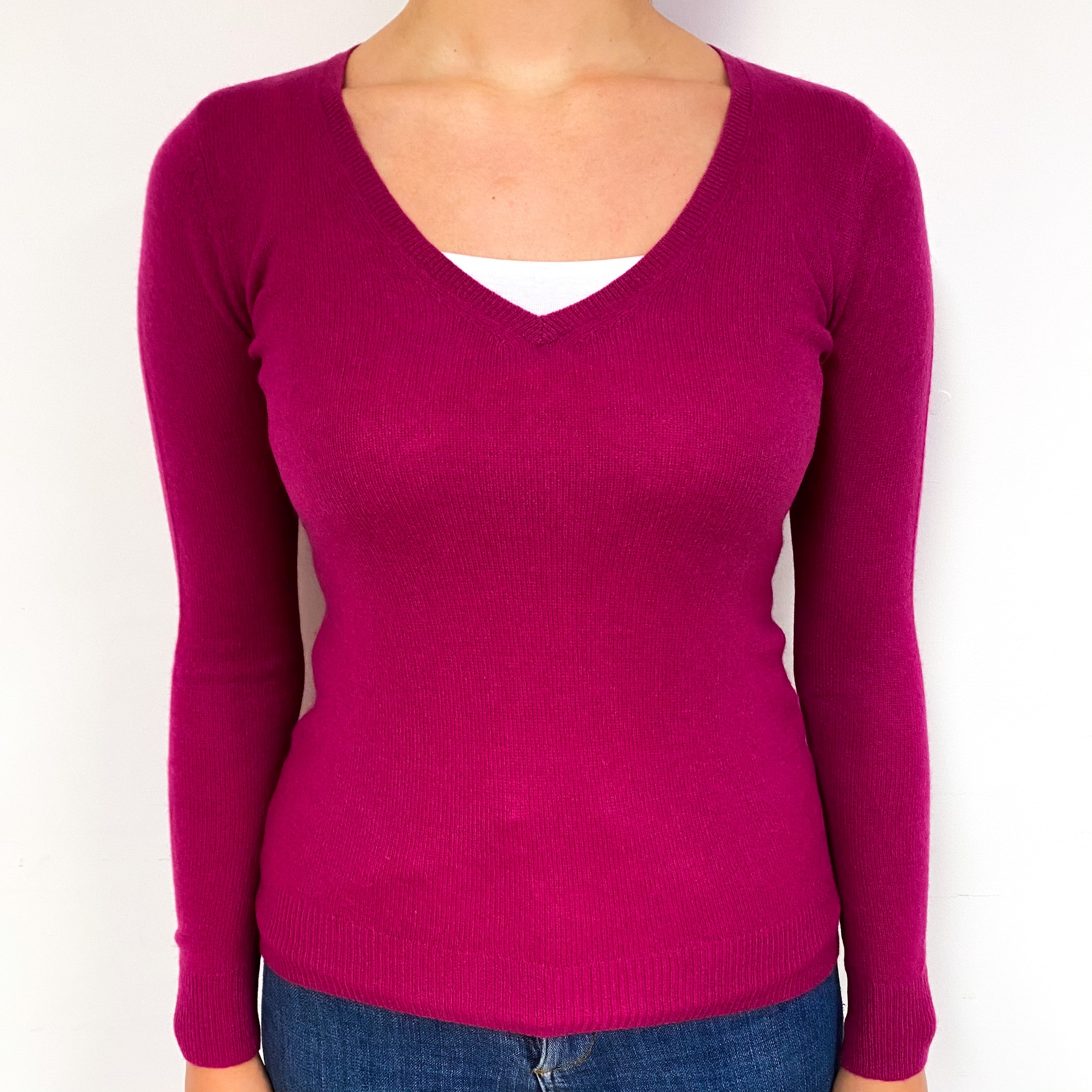 Magenta Pink Cashmere V-Neck Jumper Small