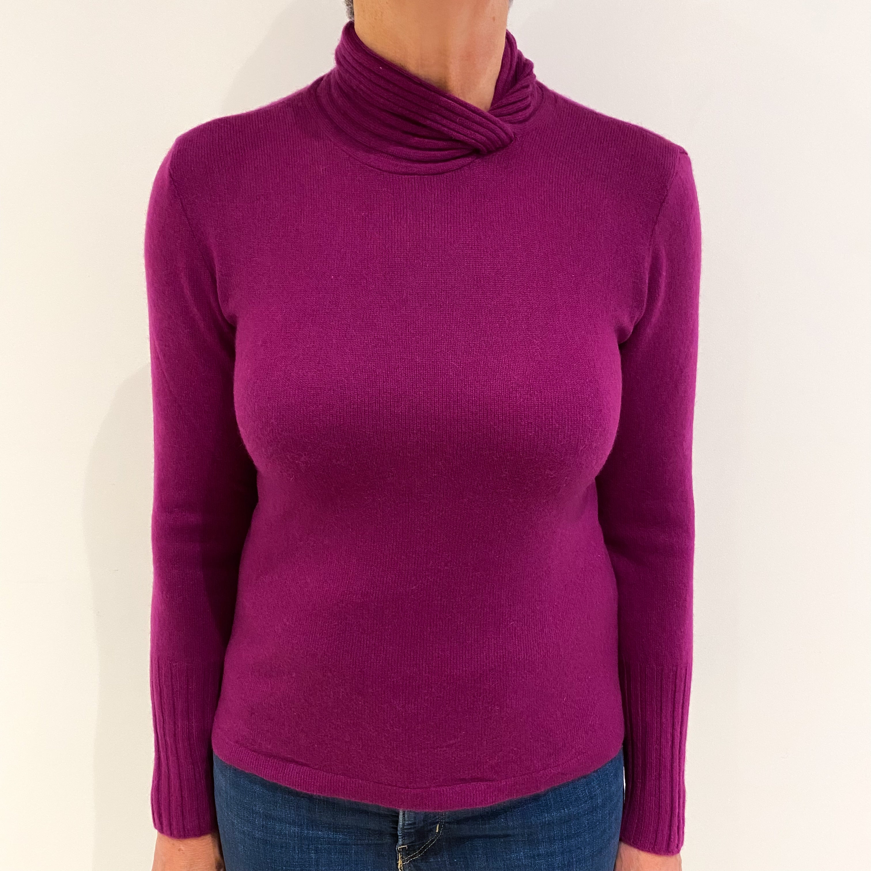Magenta Purple Cashmere Twisted Funnel Neck Jumper Medium