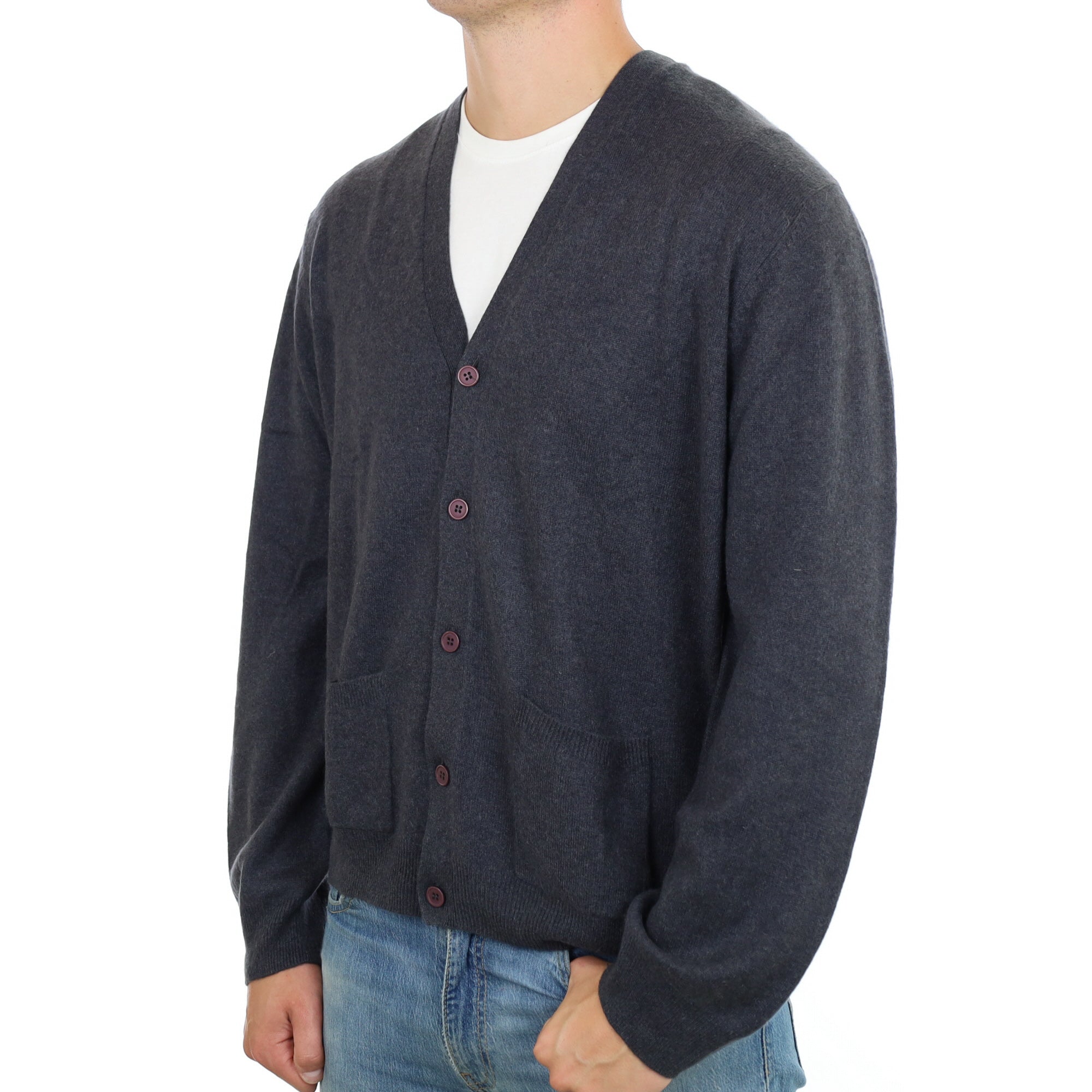 Men's Dark Steel Grey Cashmere V Neck Cardigan XXL