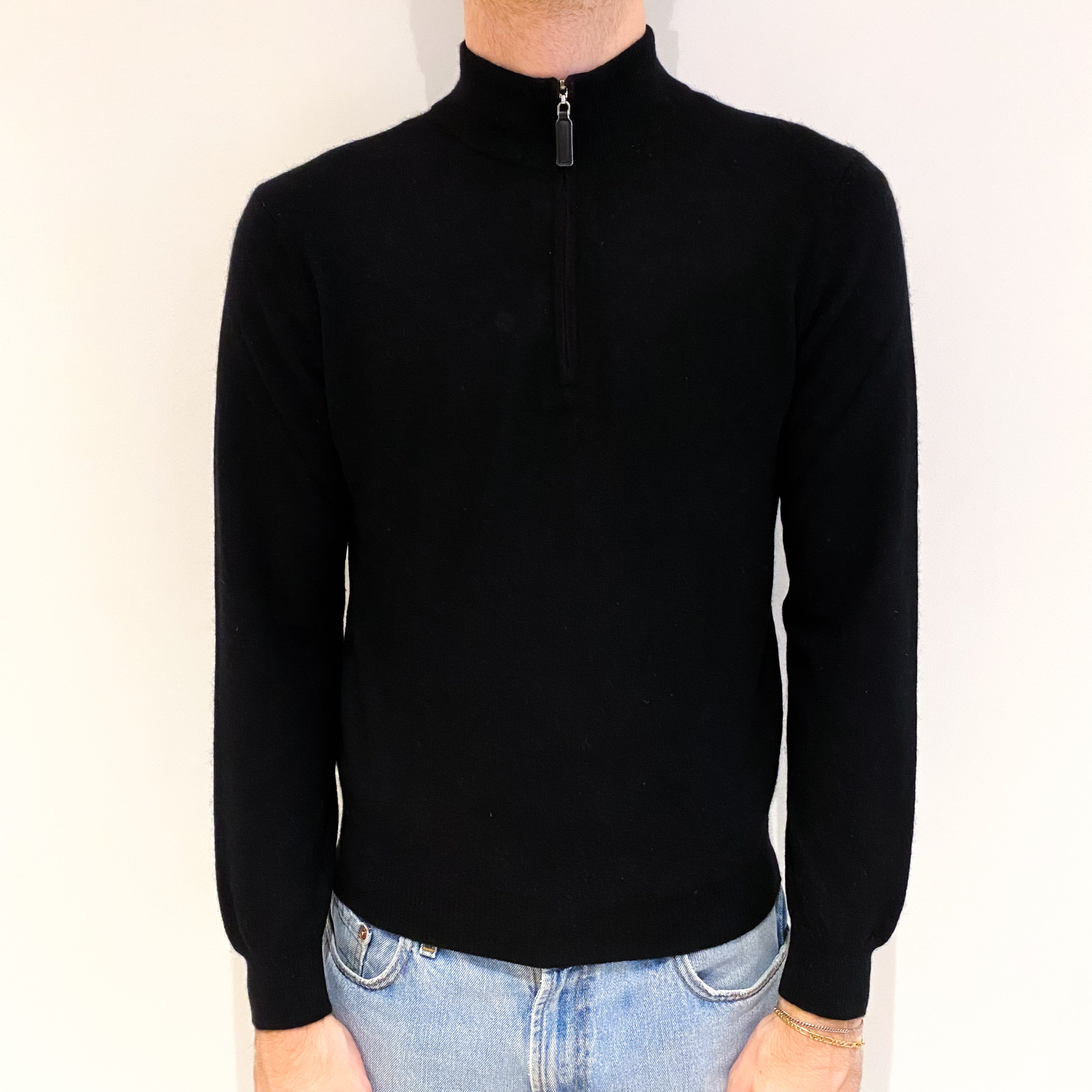 Men's Black Cashmere 1/4 Zip V Neck Jumper Medium