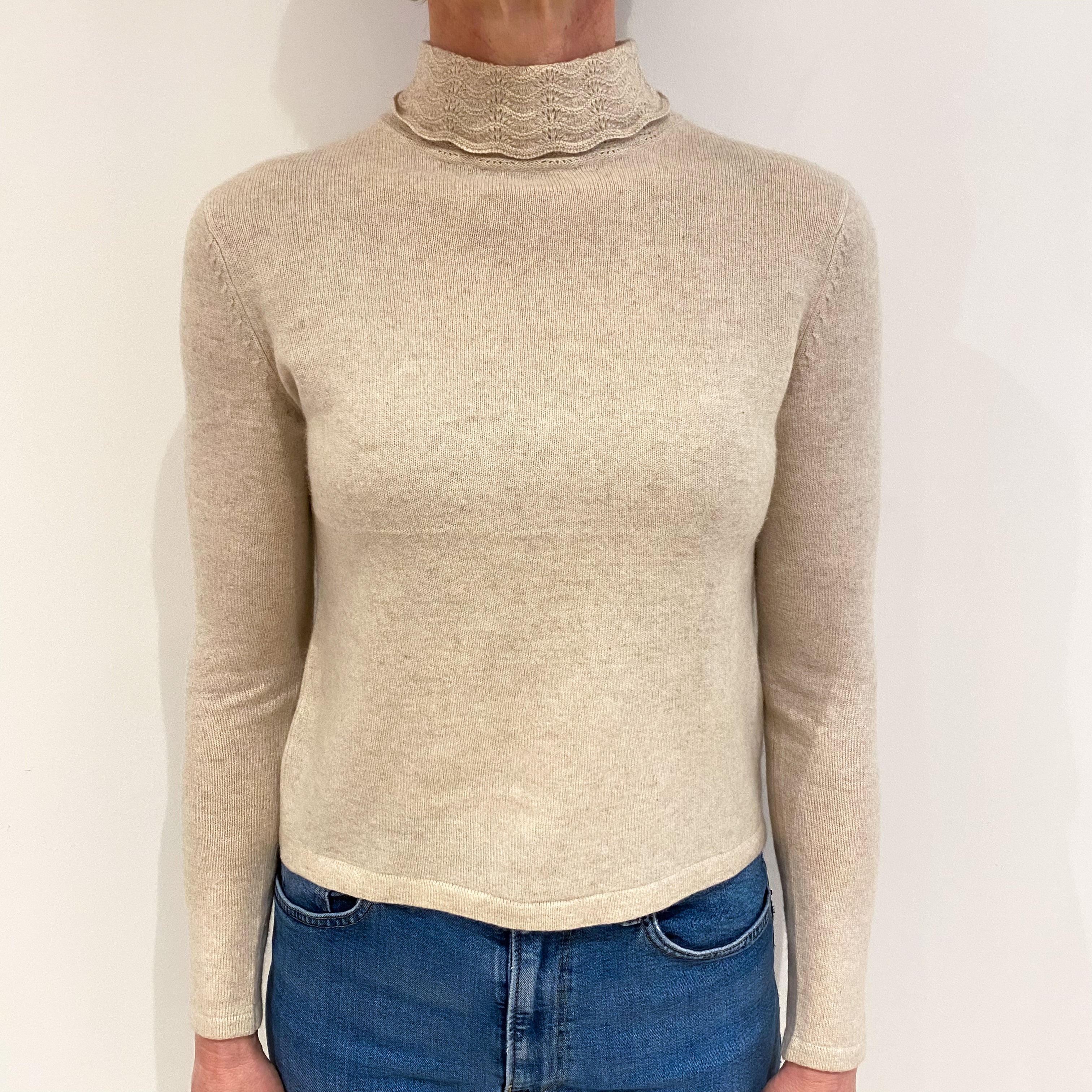 Oatmeal Beige Cashmere Turtle Neck Jumper Small