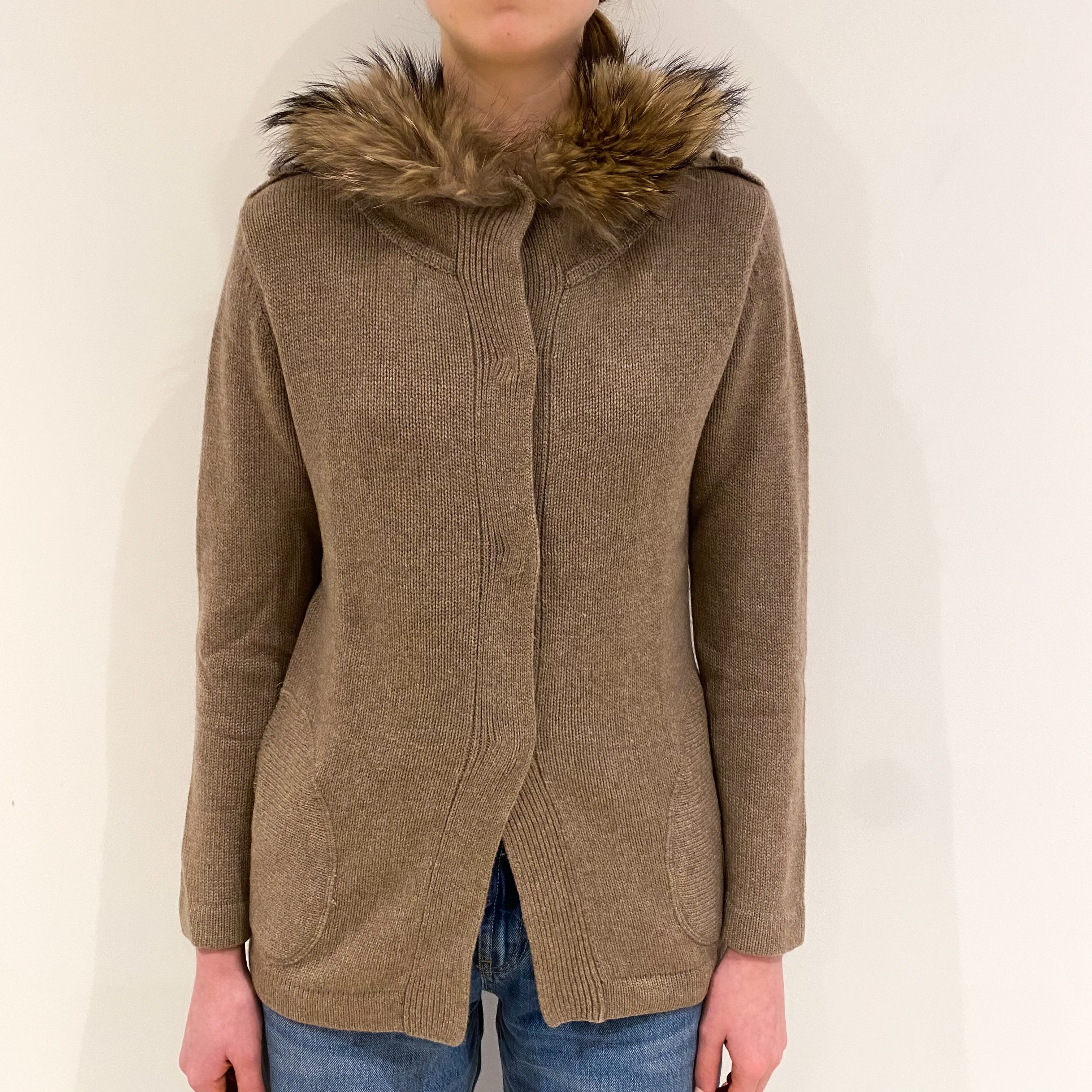 Mocha Brown Cashmere Fur Trimmed Hooded Cardigan with Pockets Extra Small