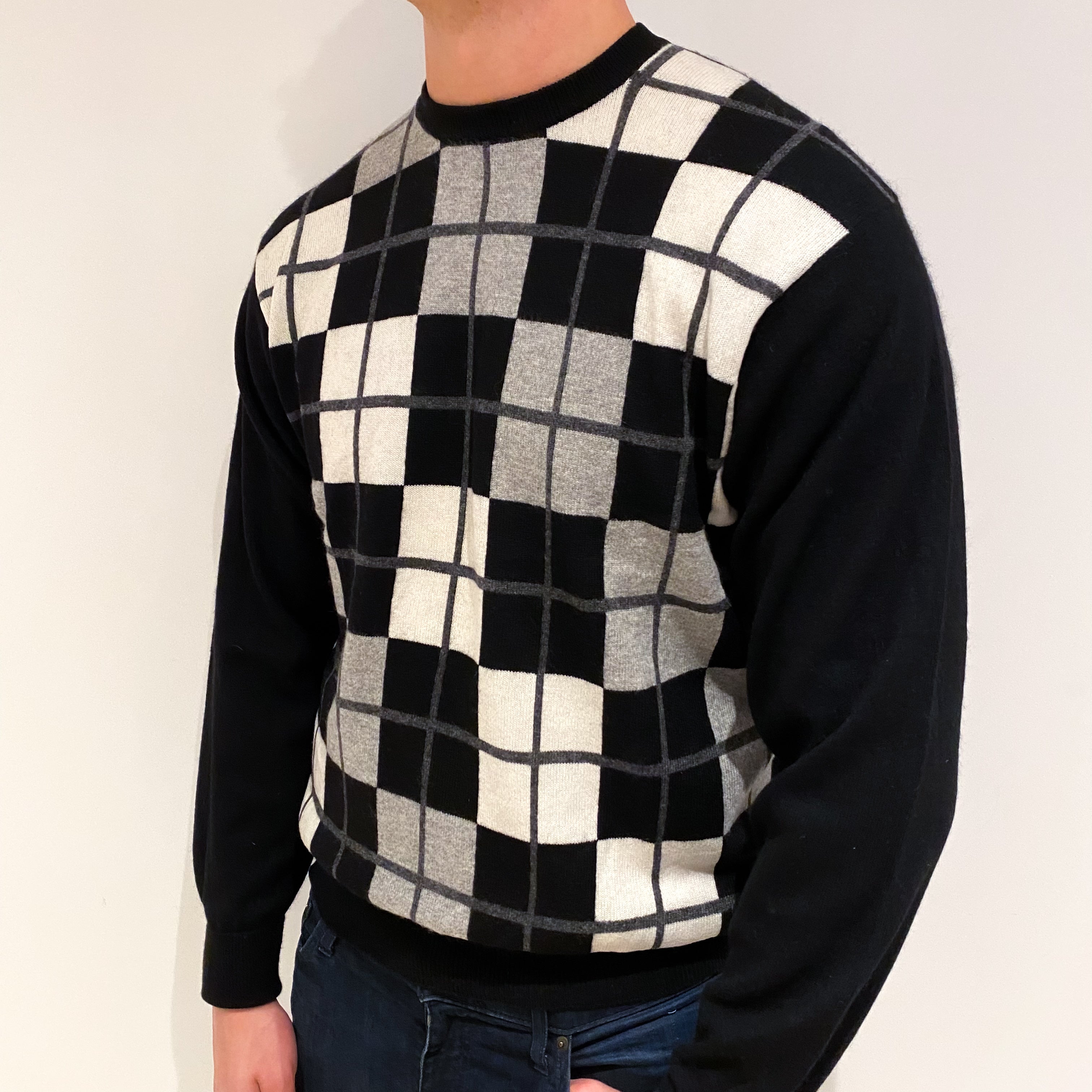 Men's Black Patterned Cashmere Crew Neck Jumper XL