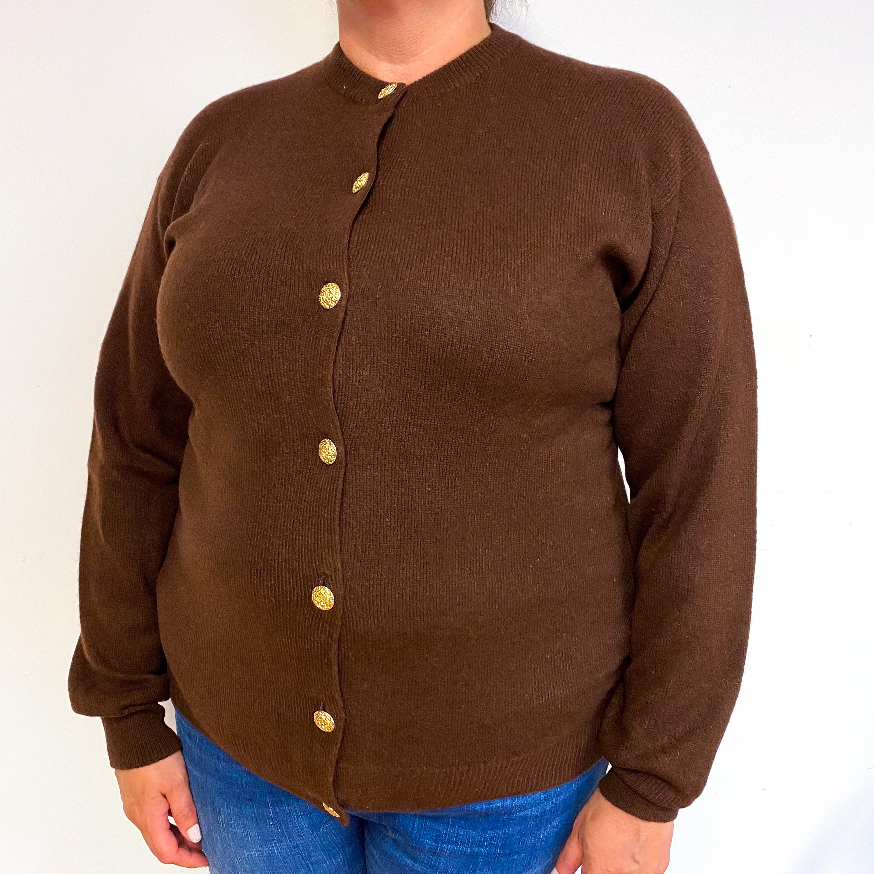 Scottish Chocolate Brown Cashmere Crew Neck Cardigan Extra Large