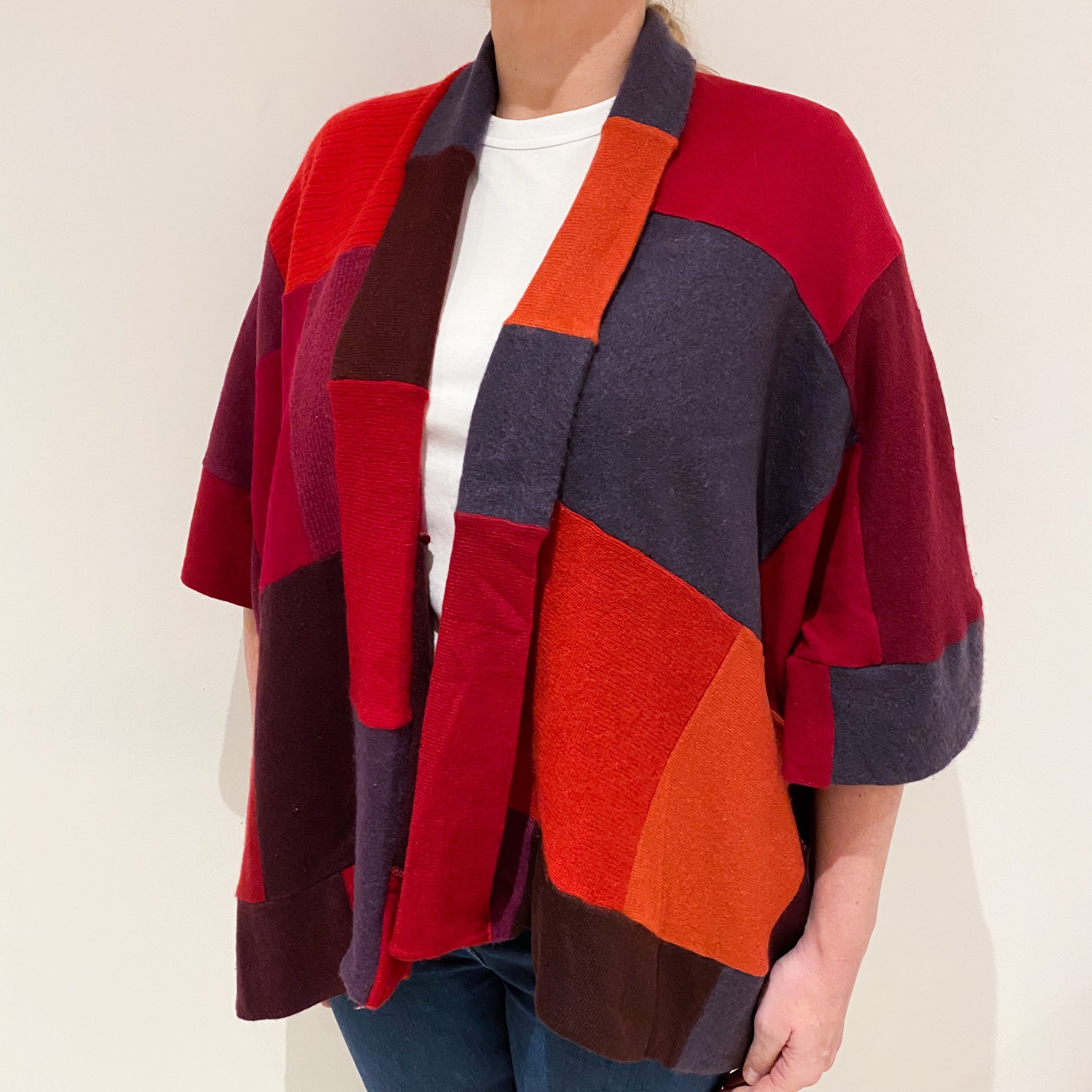 Red and Purple Patchwork Cashmere Oversized Cardigan Large