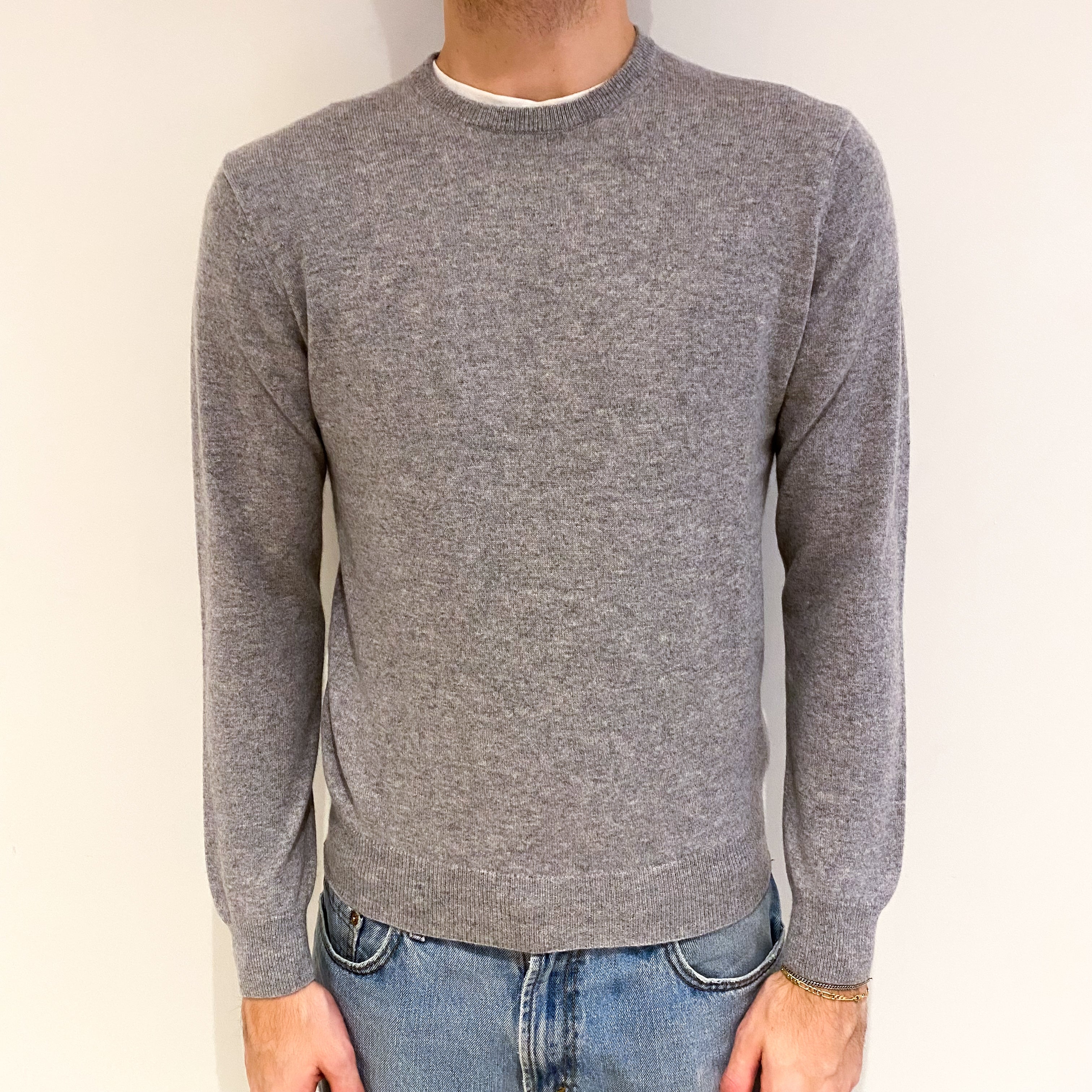 Men's Ash Grey Cashmere Crew Neck Jumper Medium