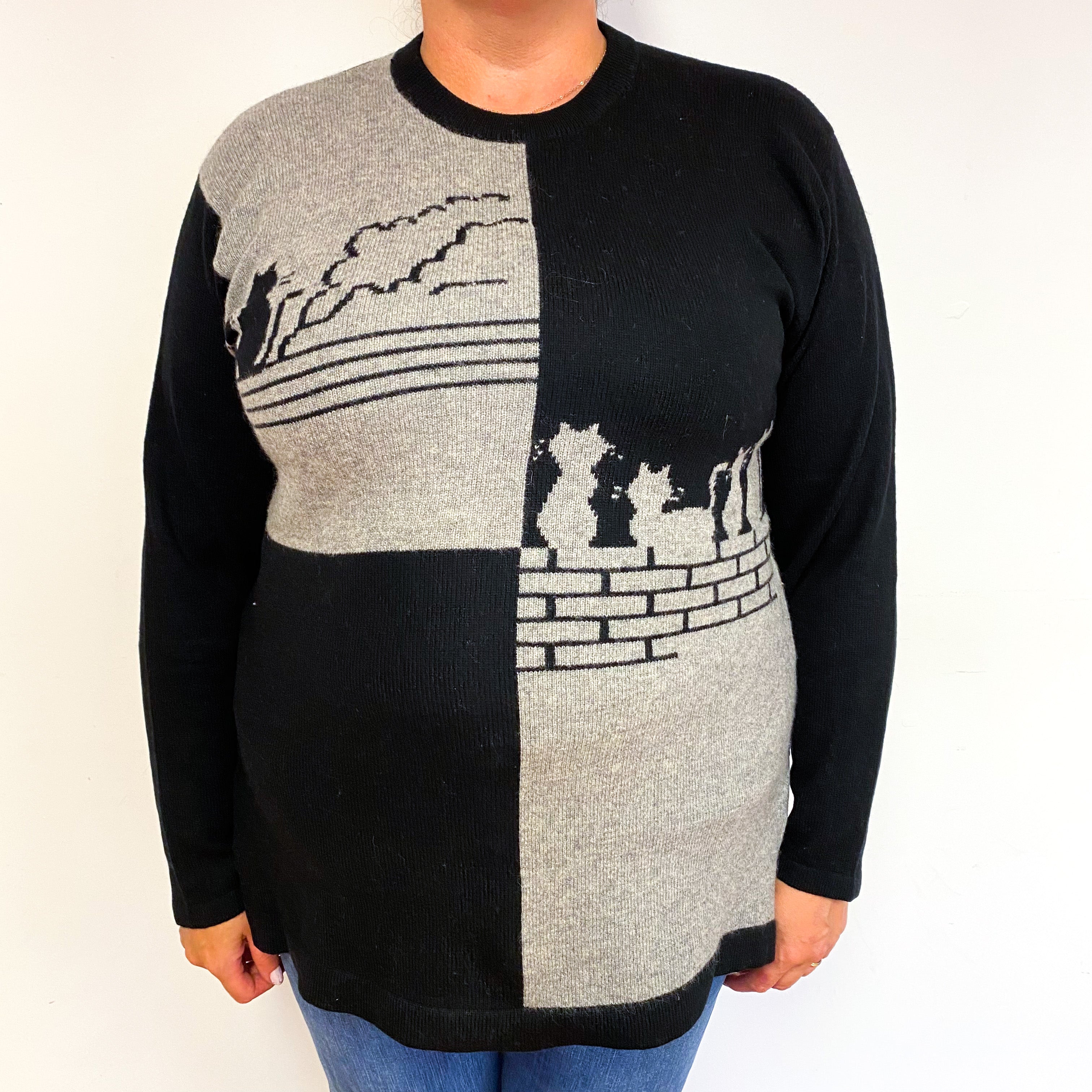 Vintage Cat Motif Cashmere Crew Neck Jumper Extra Large