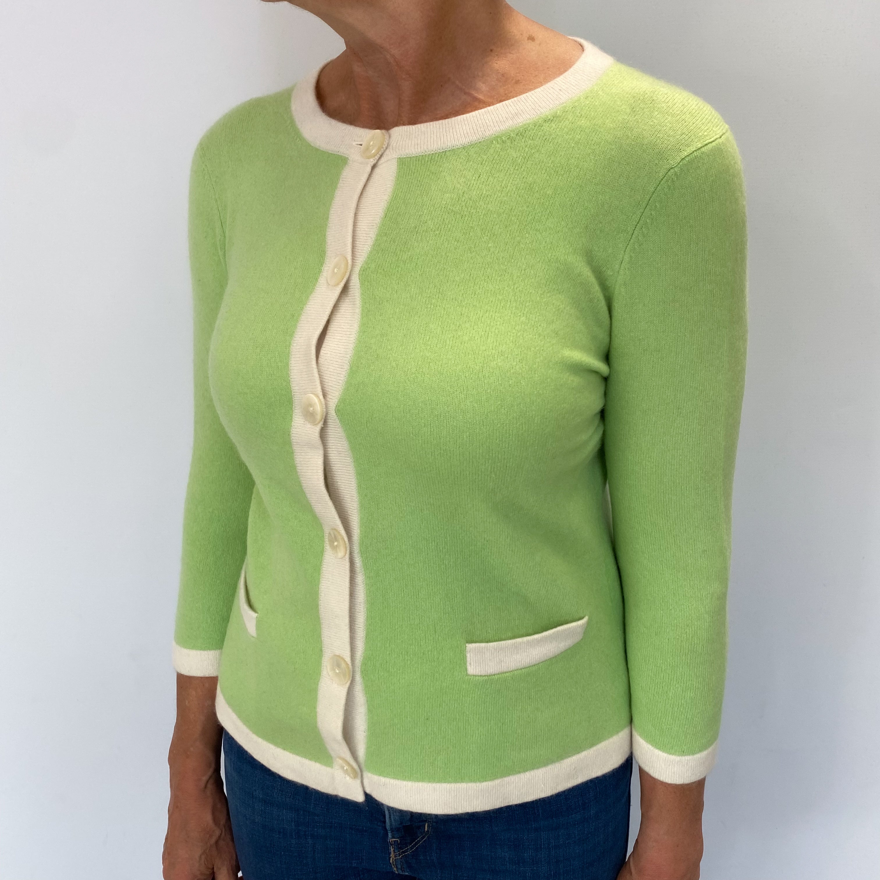 Spring Green Cashmere Crew Neck Cardigan Medium