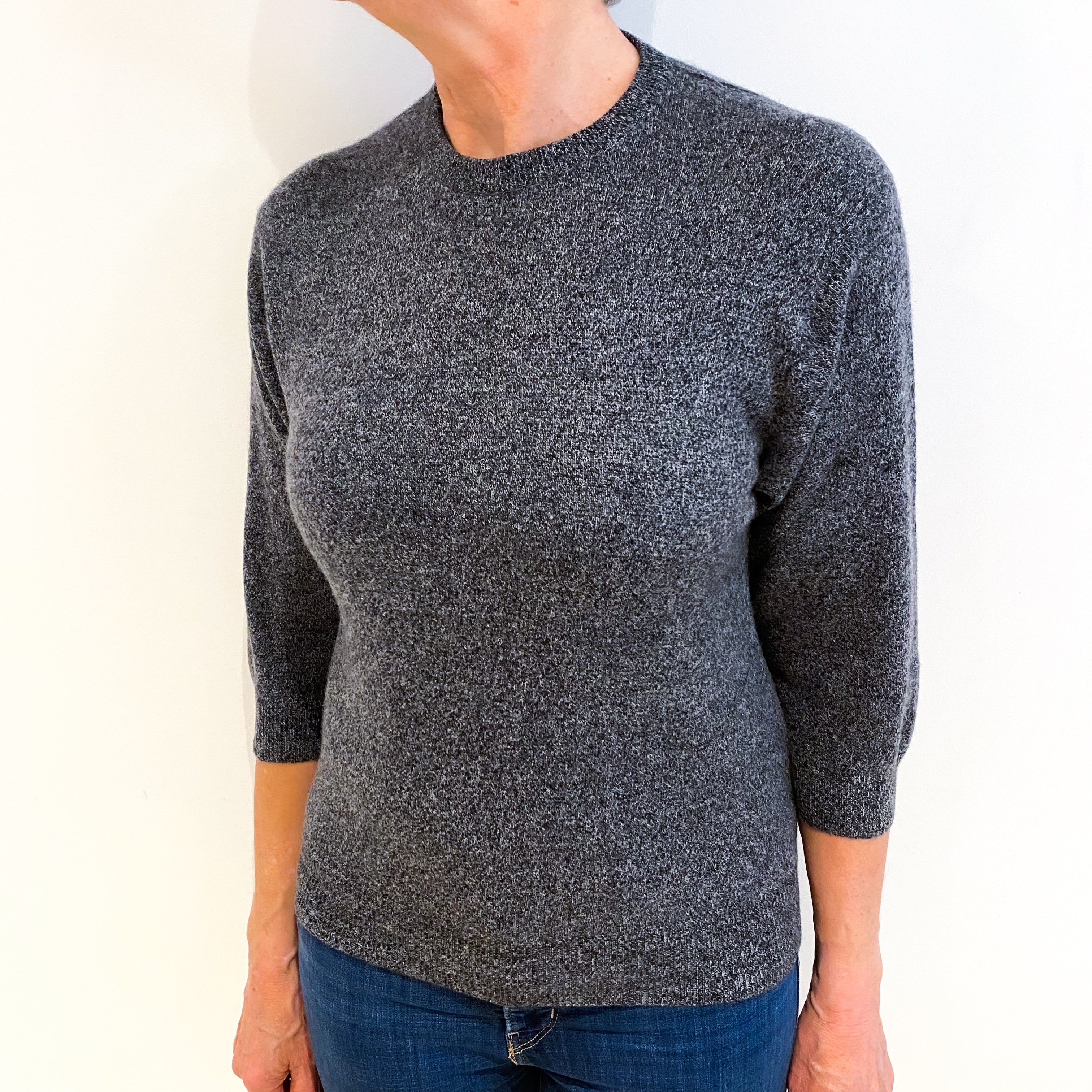 Slate Grey Marl Cashmere Crew Neck 3/4 Sleeve Jumper Medium