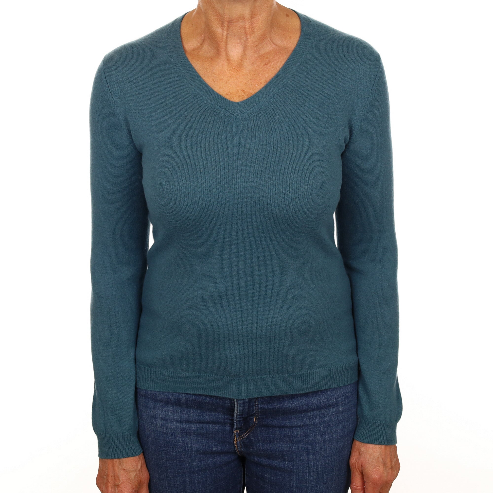Deep Sea Green Cashmere V Neck Jumper Medium