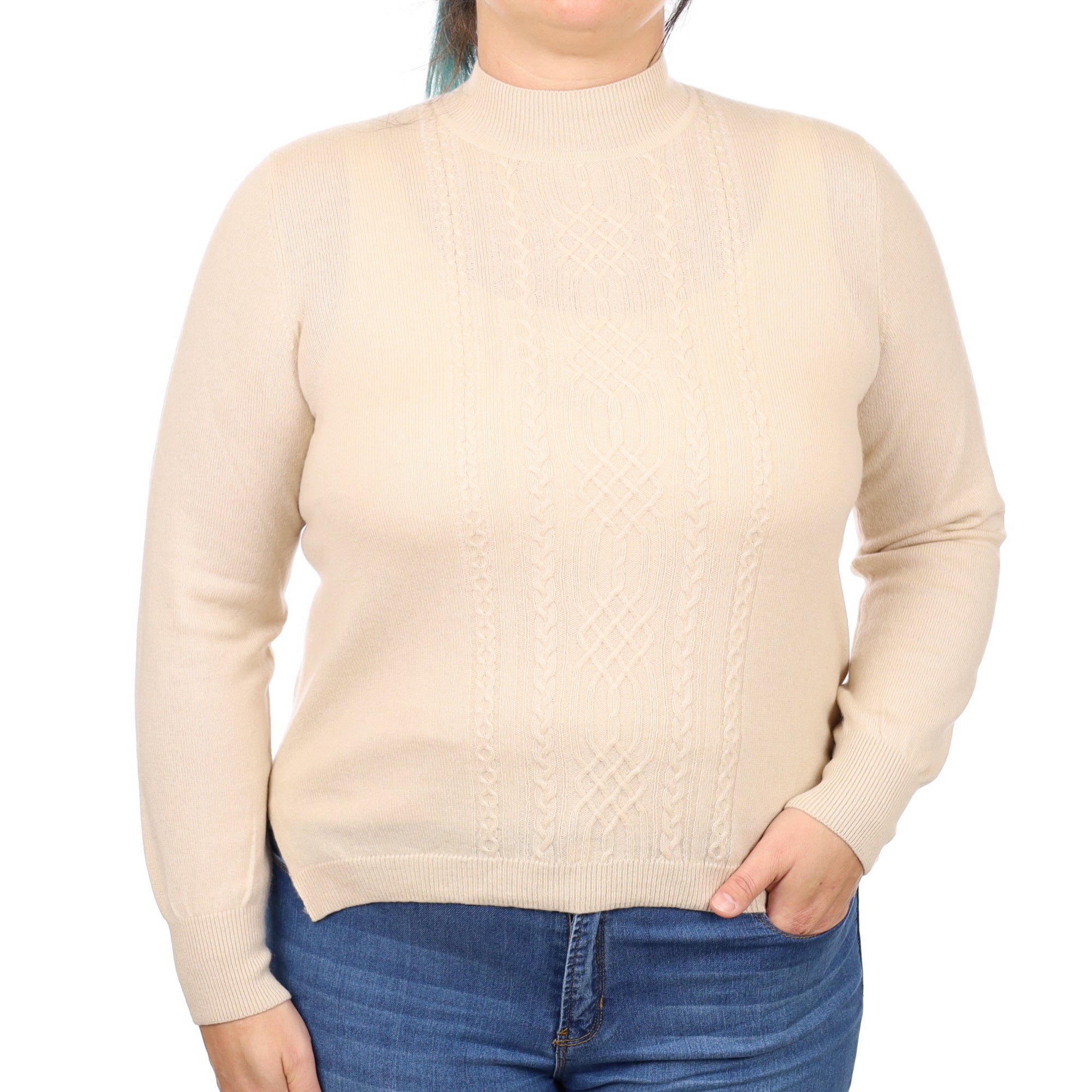 Beige Cable Front Cashmere Turtle Neck Jumper Large