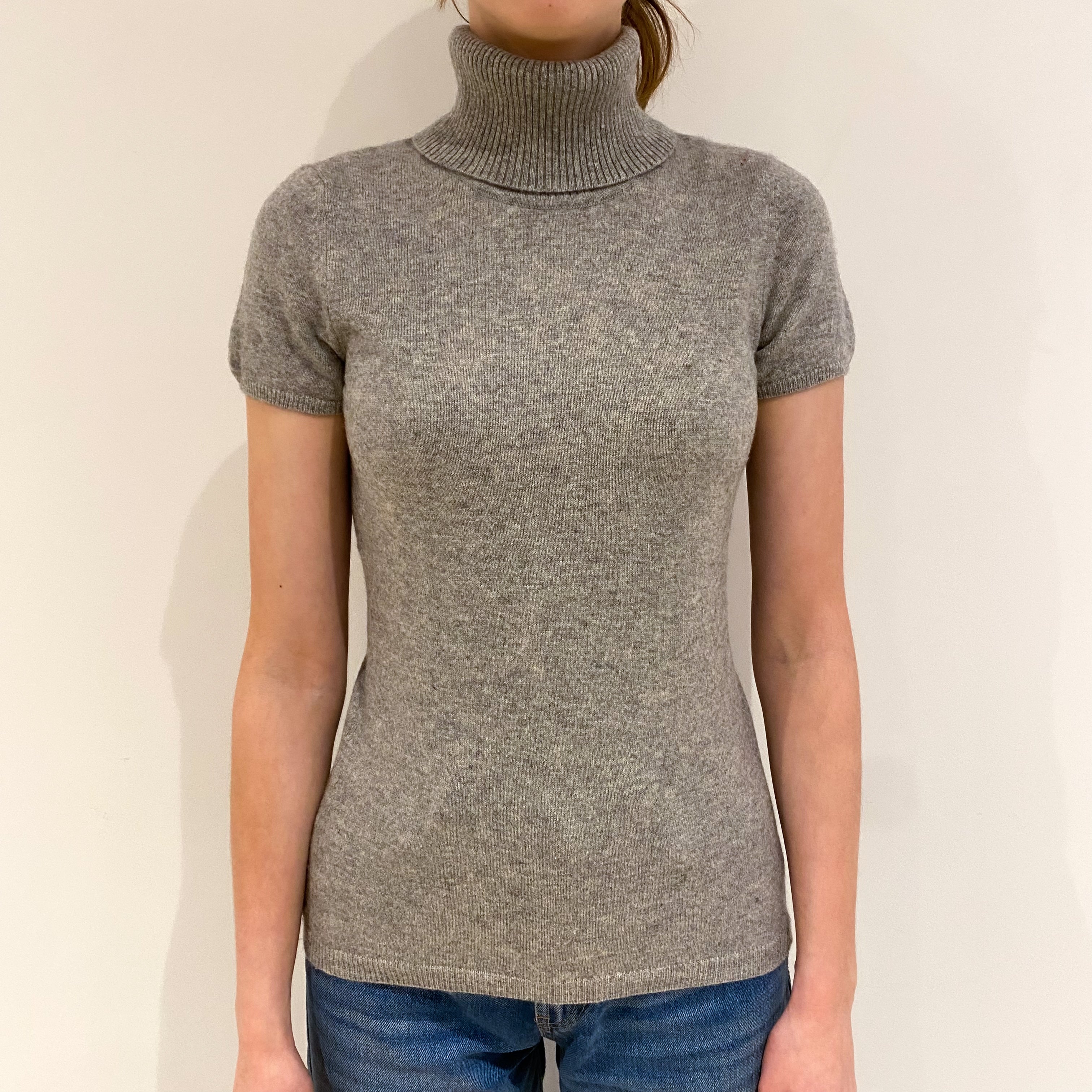 Smoke Grey Cashmere Short Sleeved Polo Neck Jumper Extra Small