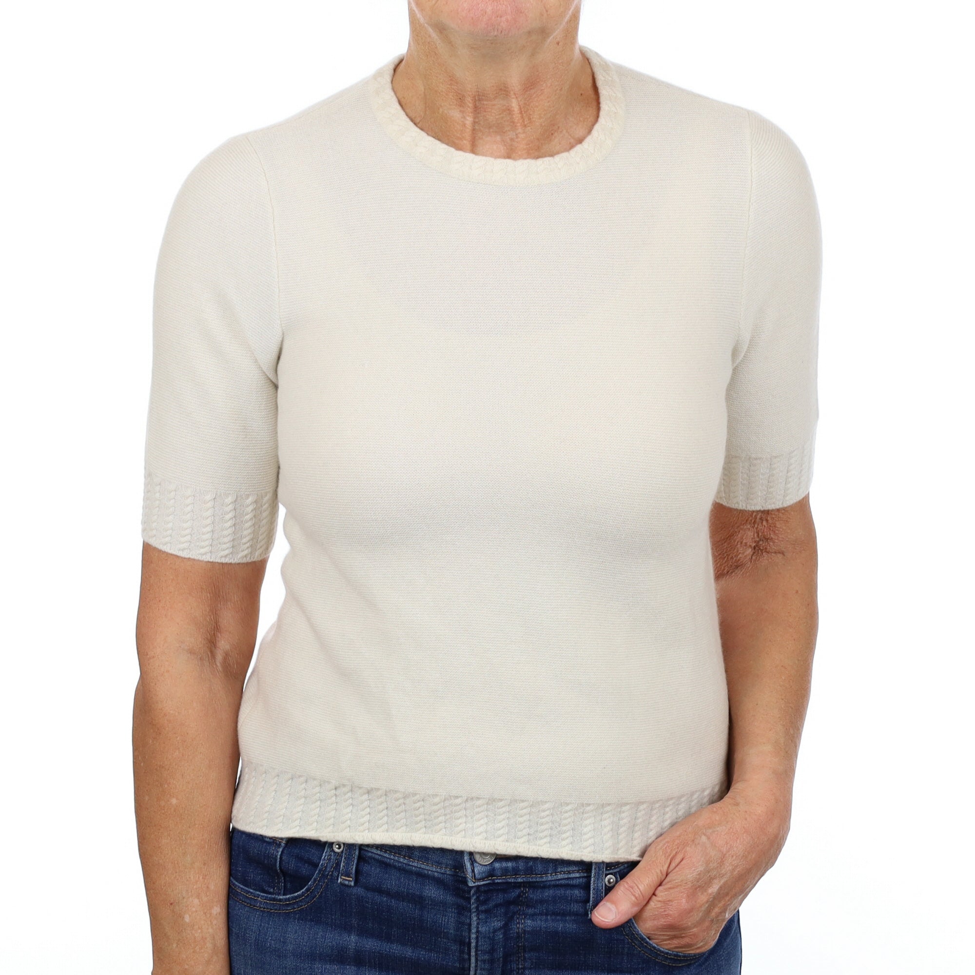 Ivory Cashmere Crew Neck Short Sleeved Jumper Medium