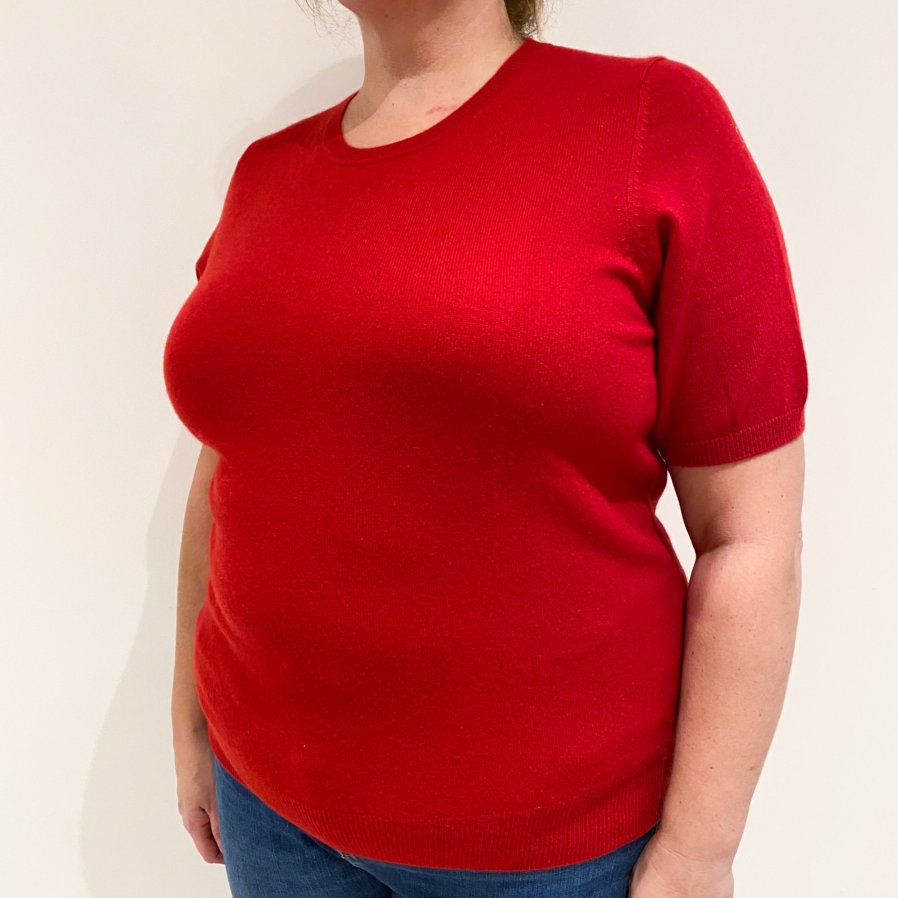 Post Box Red Short Sleeved Cashmere Crew Neck Jumper Extra Large