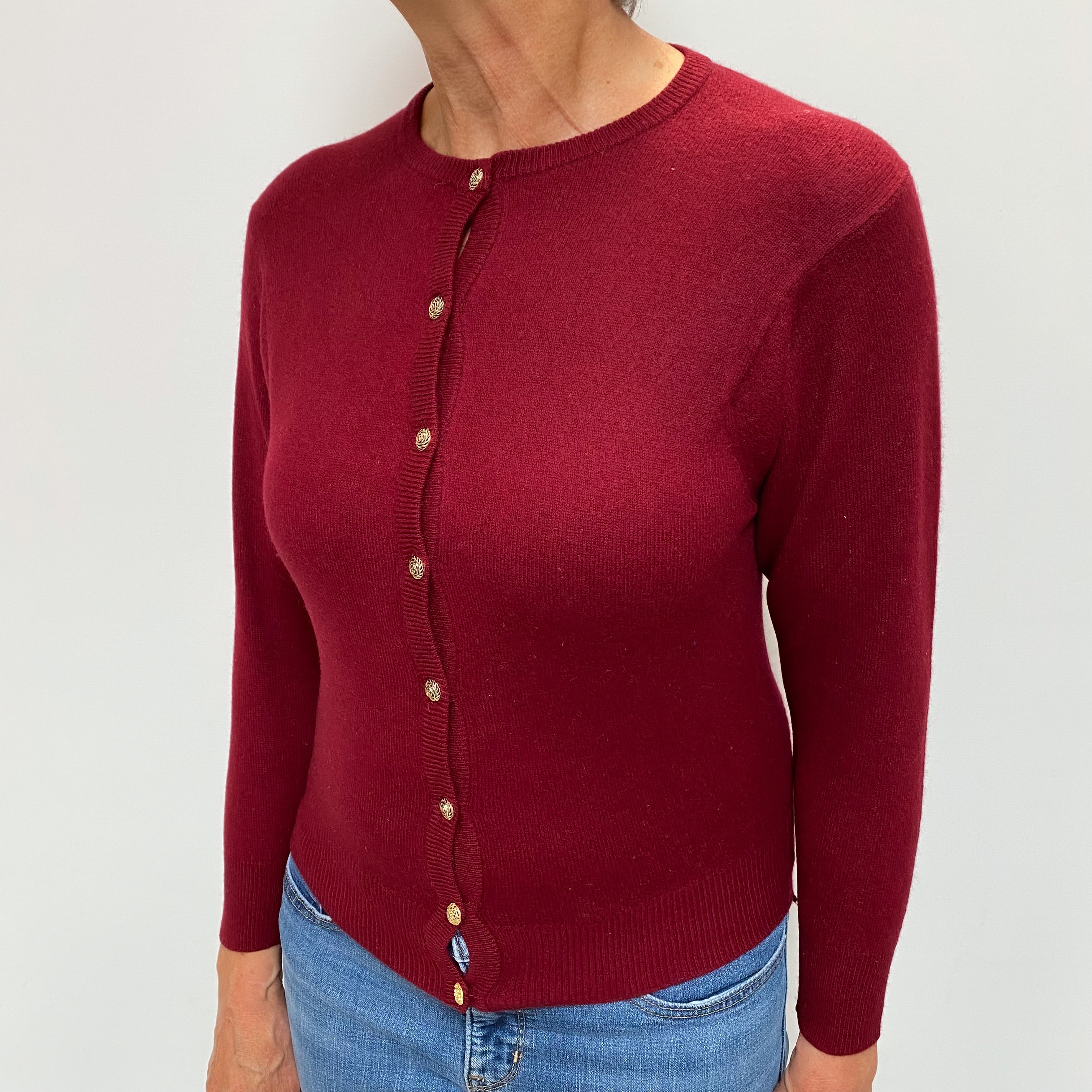 Vintage Burgundy Red Cashmere Crew Neck Cardigan Medium