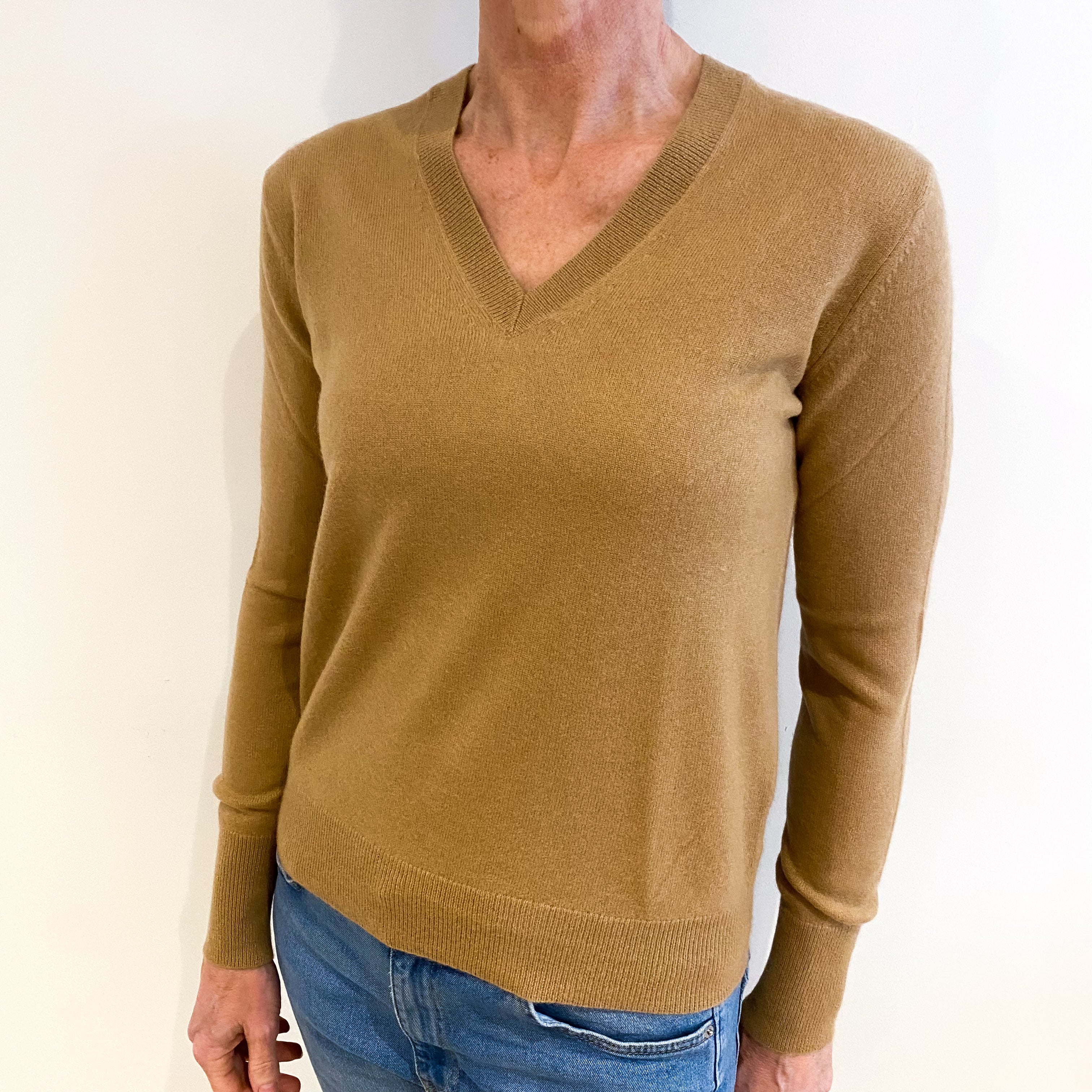 Butterscotch Brown Cashmere V Neck Jumper Small
