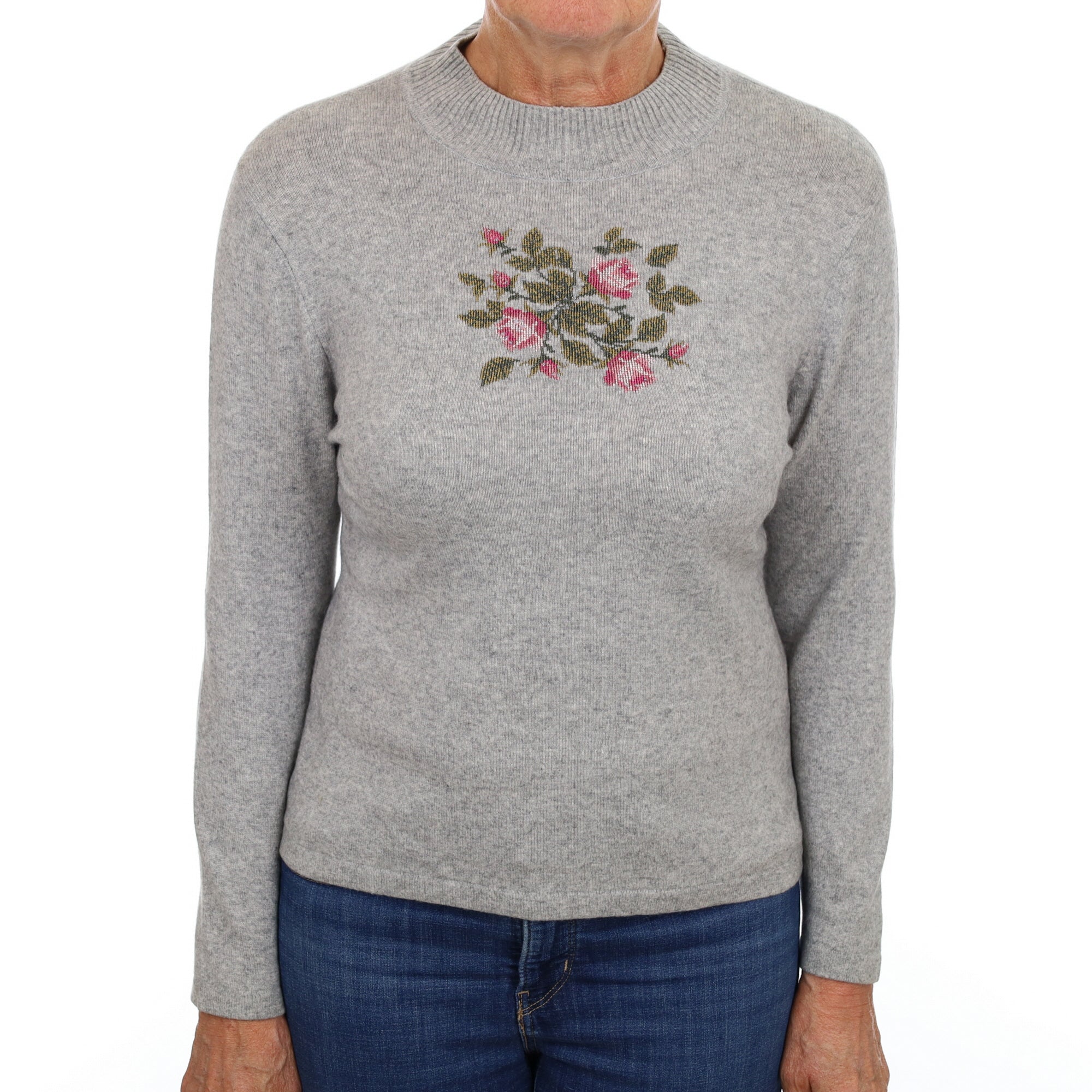Grey Rose Motif Cashmere Turtle Neck Jumper Medium