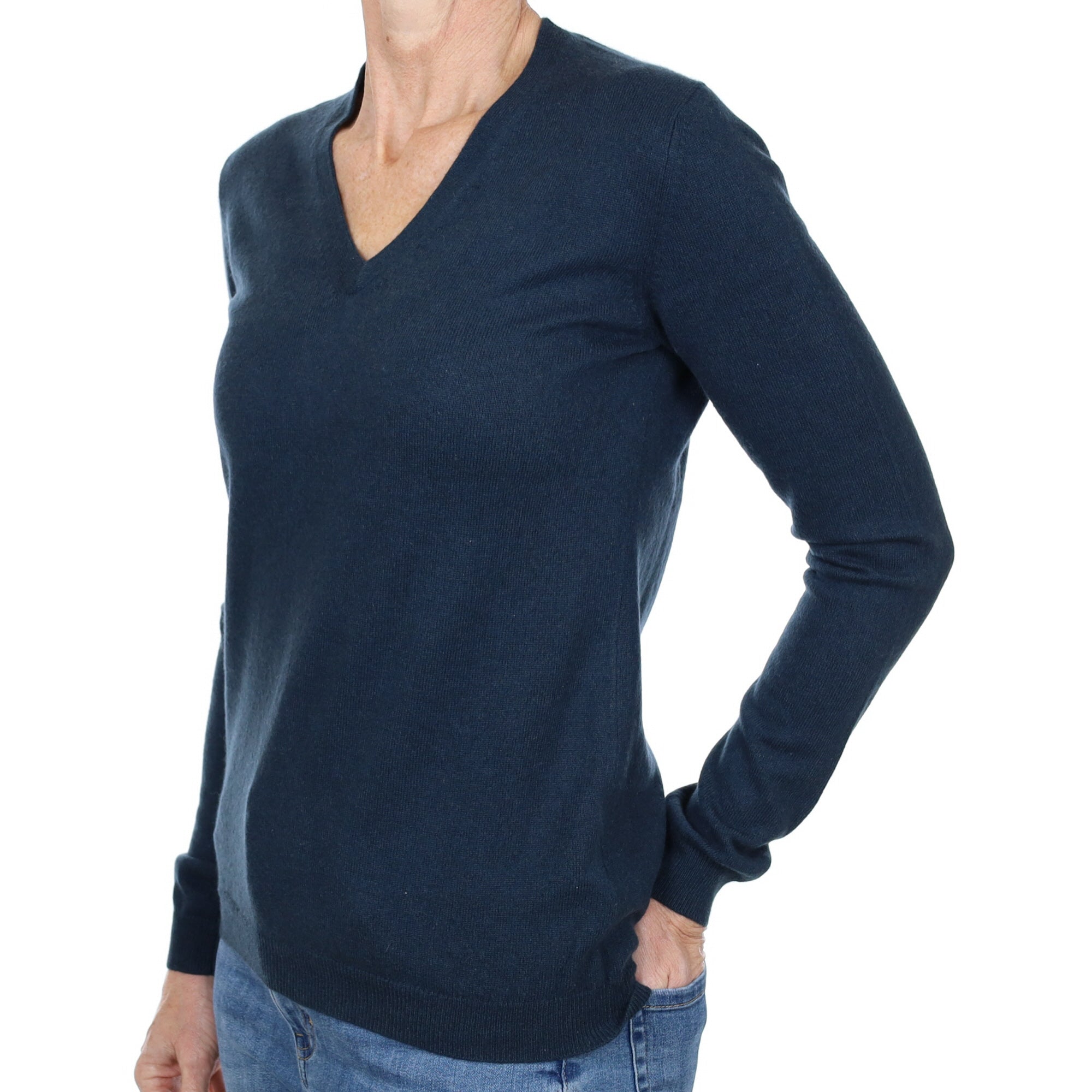 Petrol Blue Cashmere V Neck Jumper Small