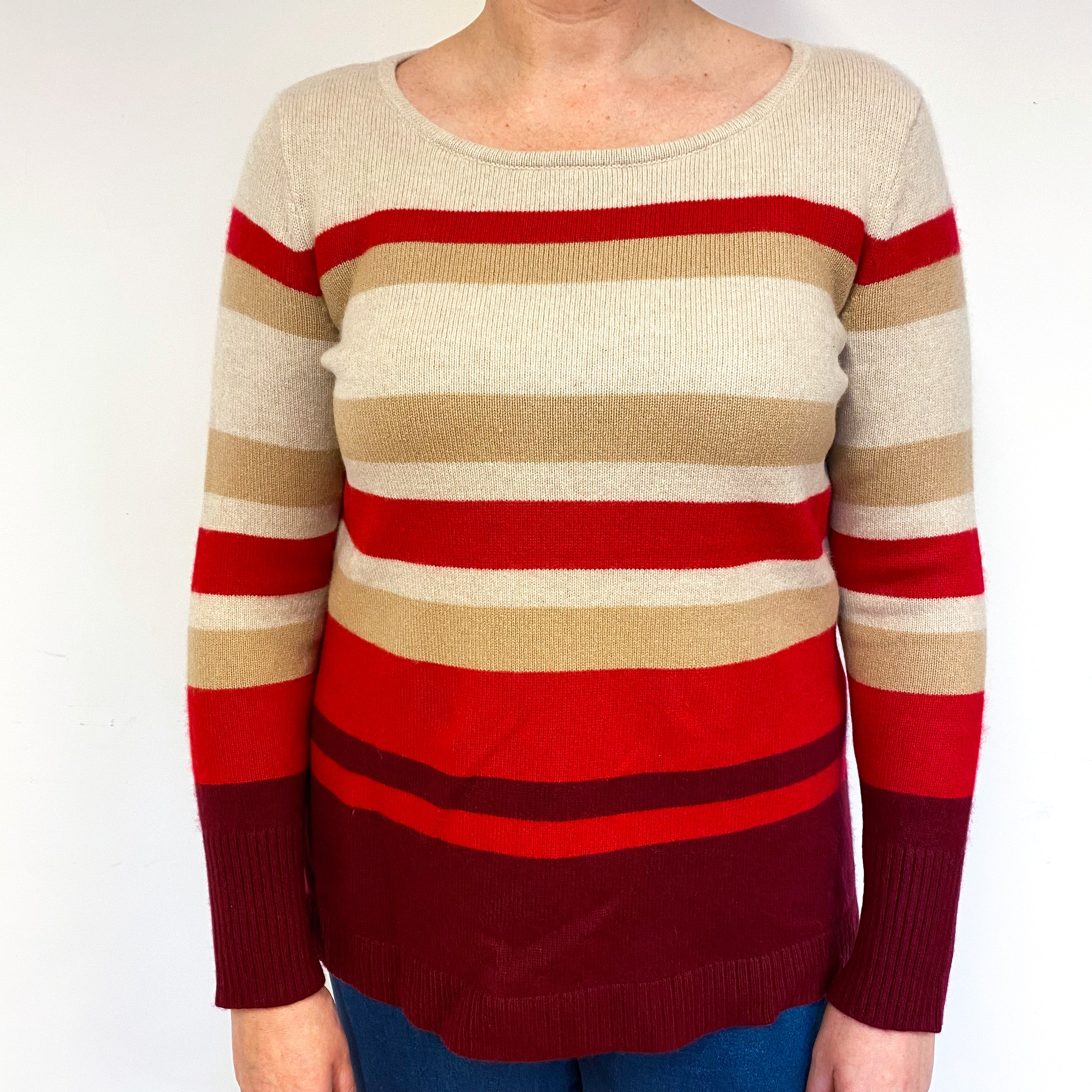 Red Beige Stripe Cashmere Crew Neck Jumper Large
