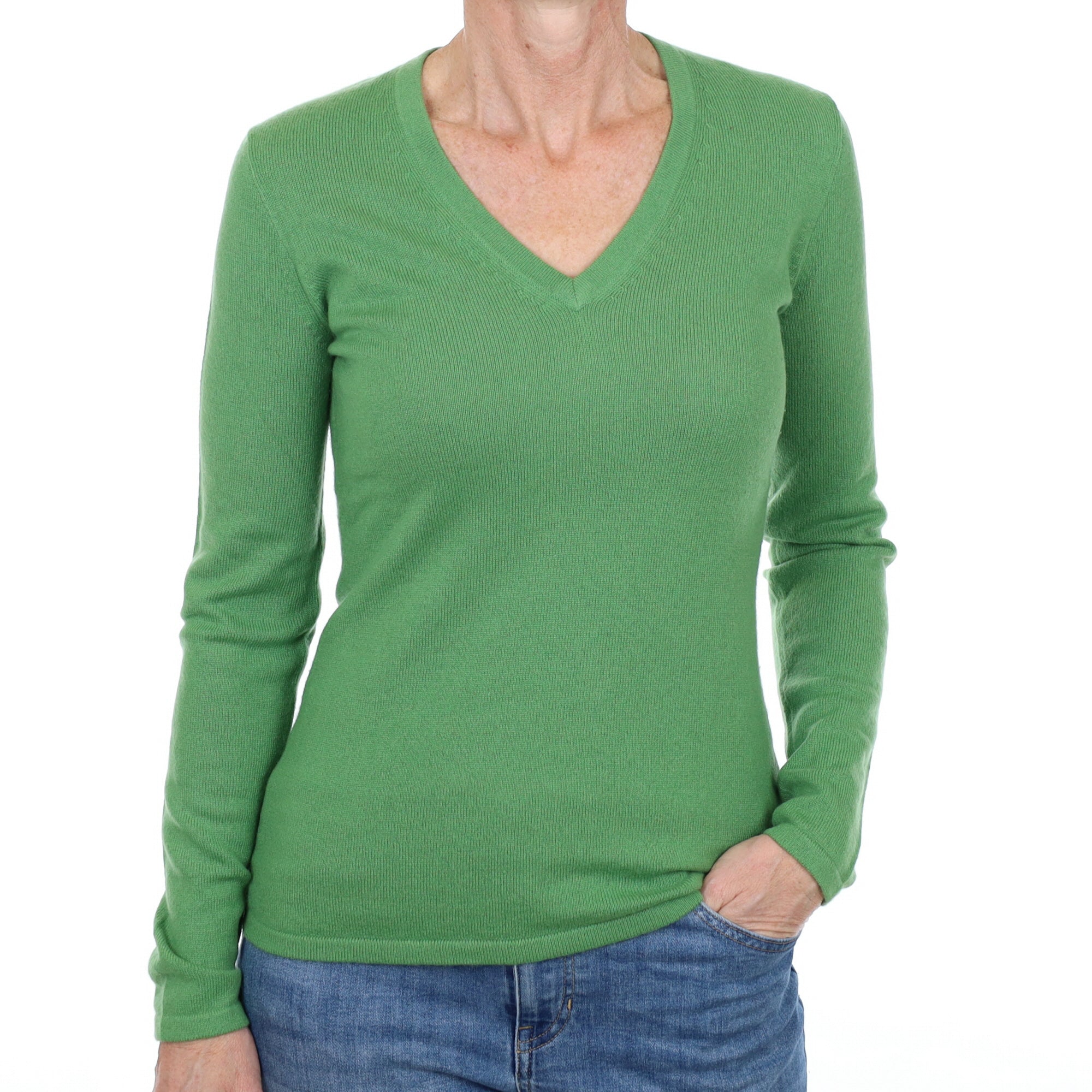 Fern Green Cashmere V Neck Jumper Small