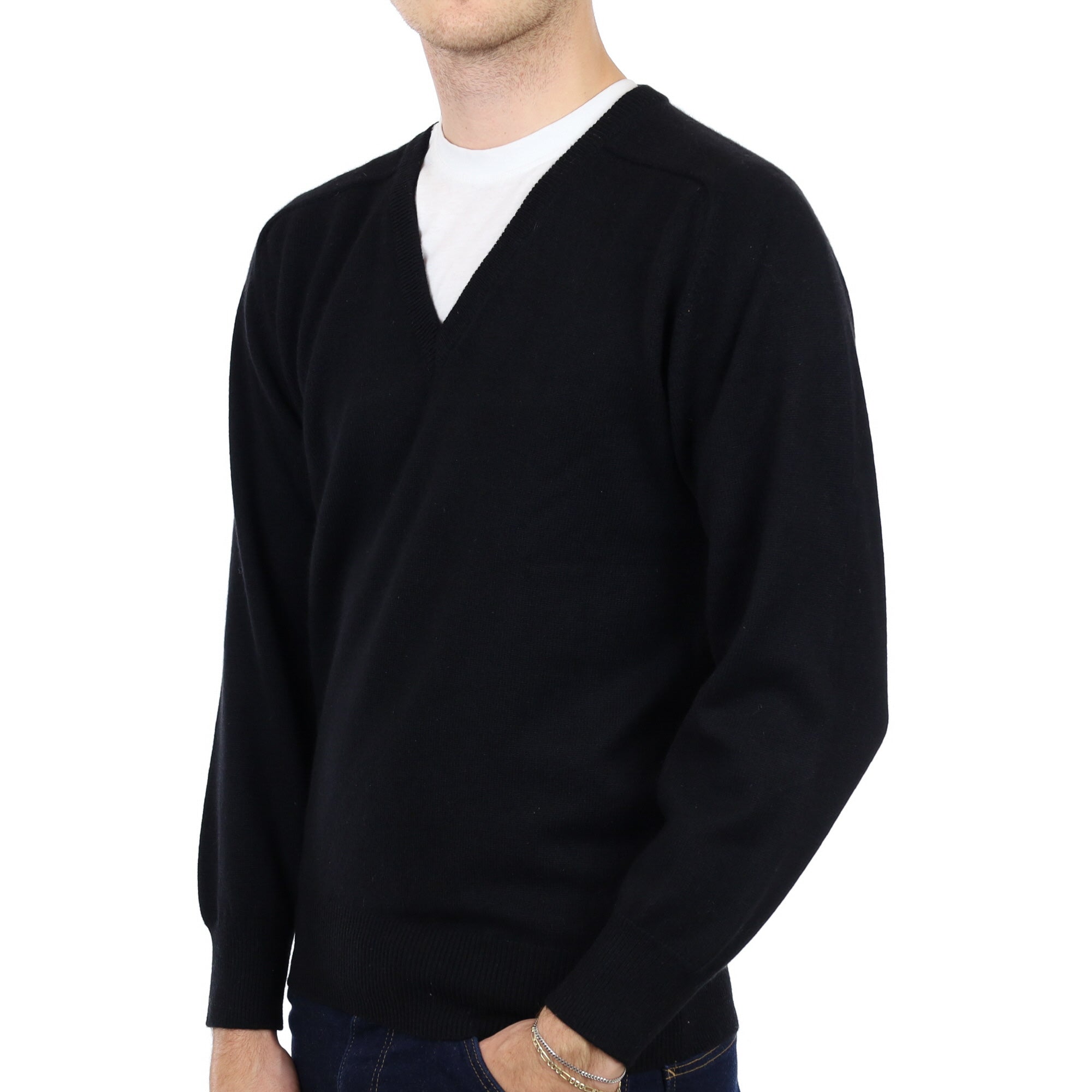 Men's Black Cashmere V Neck Jumper Medium