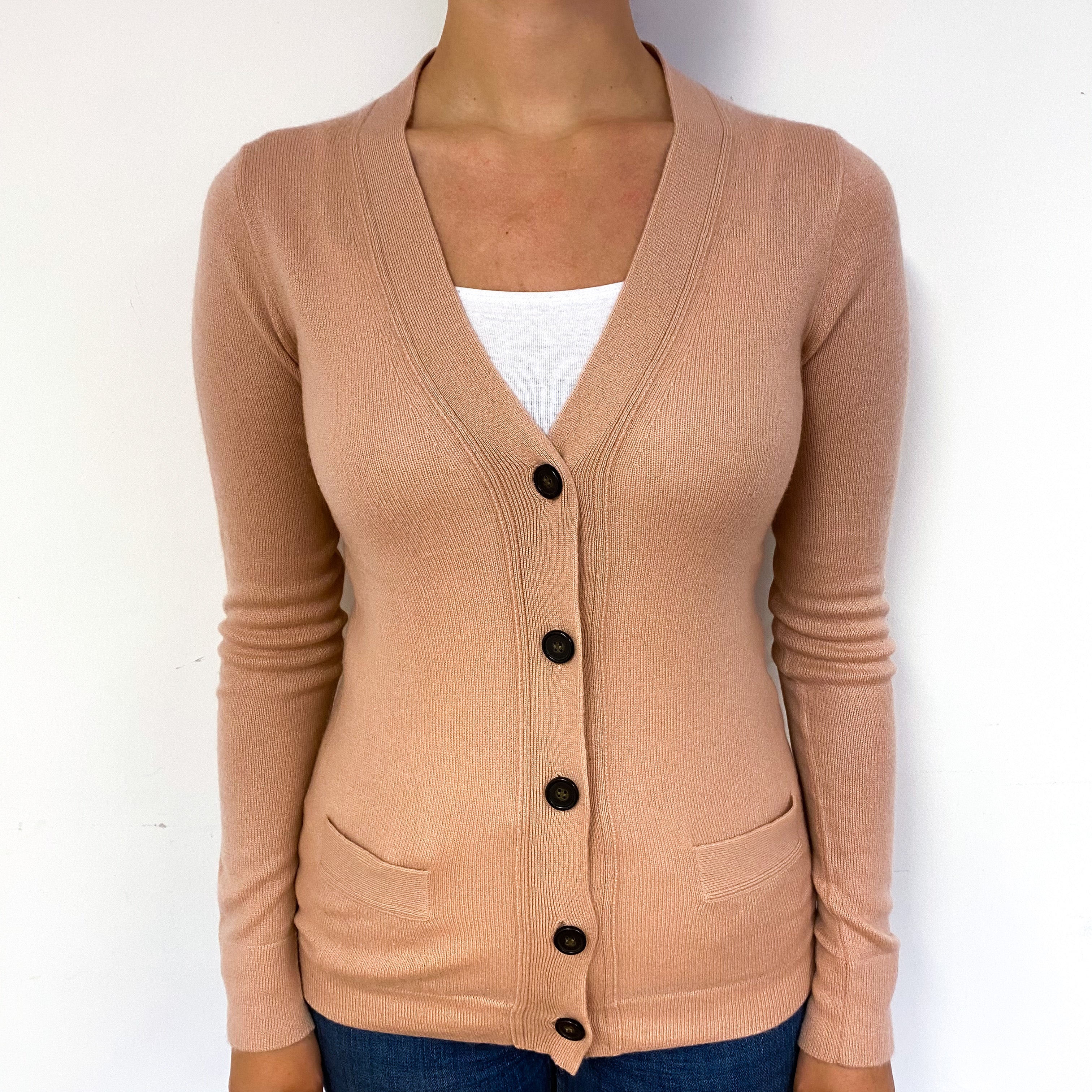 Nude Pink Longline Cashmere V-Neck Cardigan Small