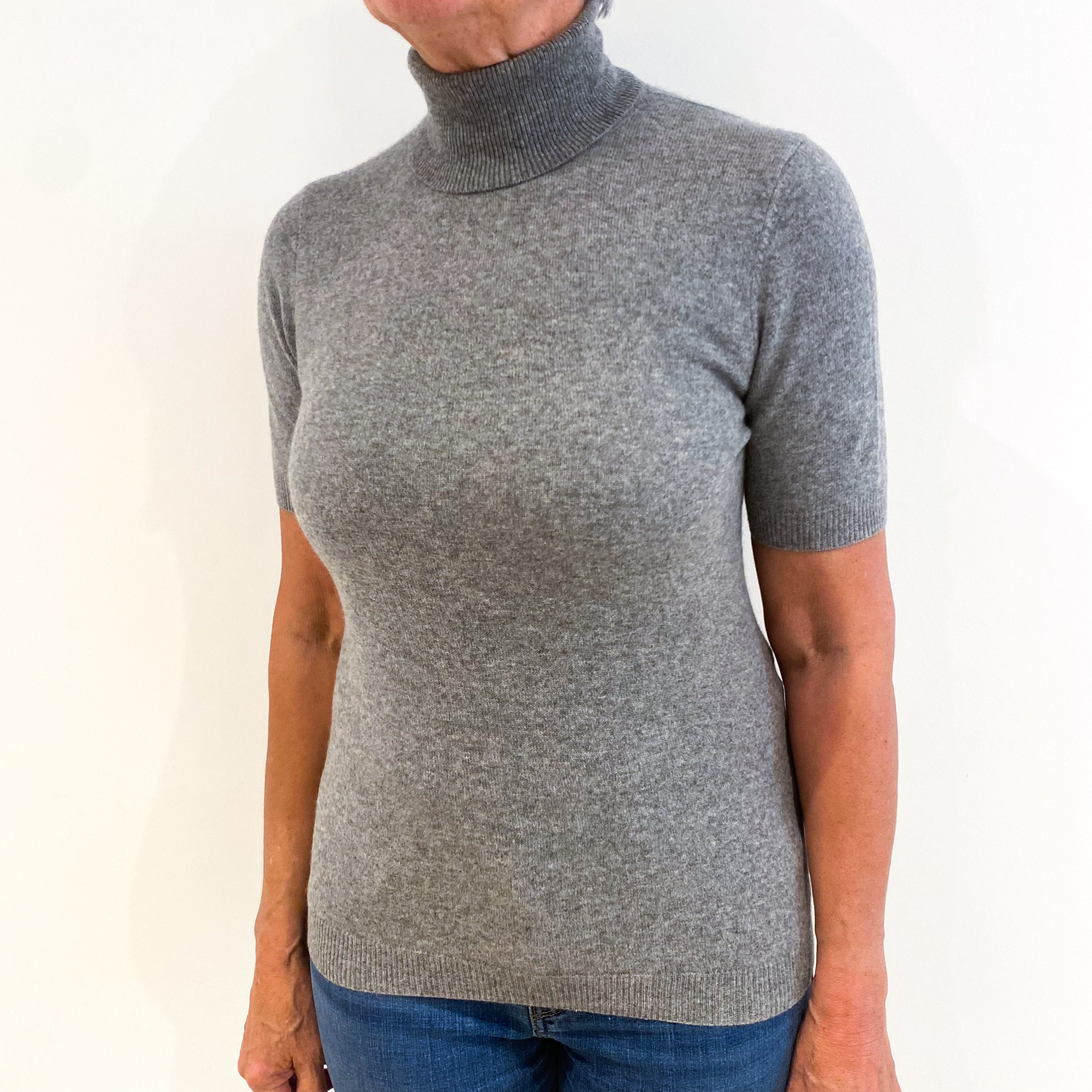 Smoke Grey Cashmere Short Sleeved Polo Neck Jumper Medium