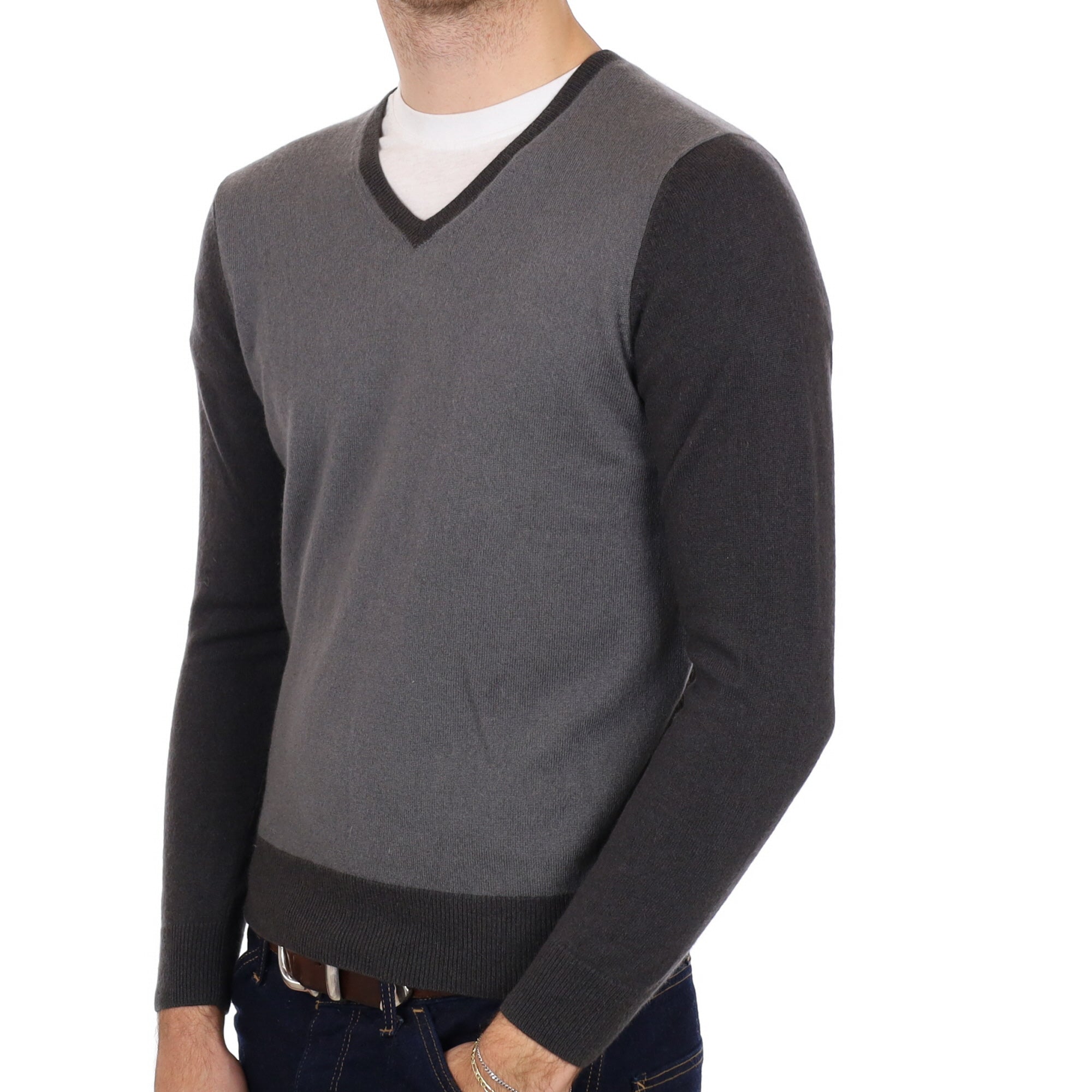Men's Grey Colour Block Cashmere V Neck Jumper Medium