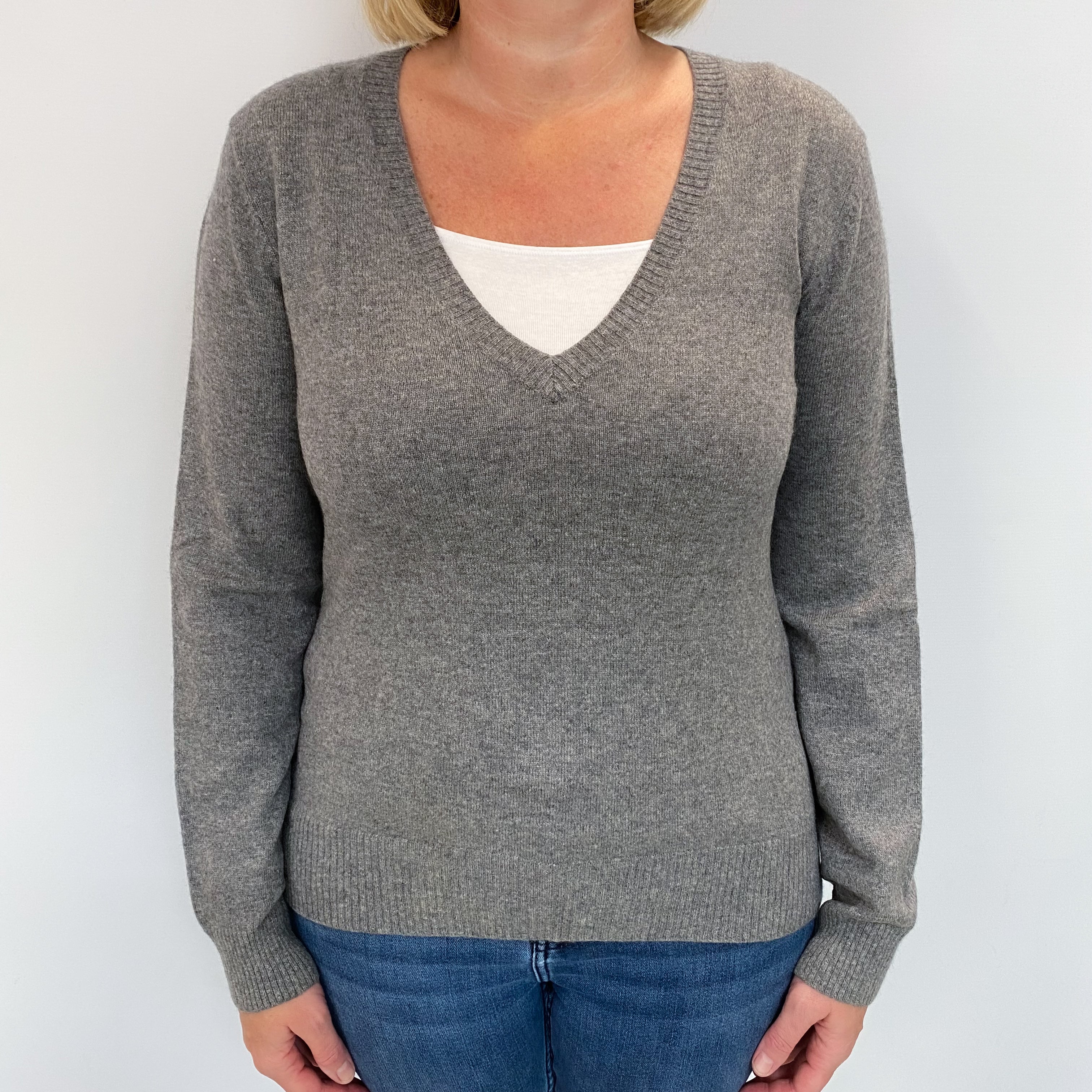 Slate Grey Cashmere V Neck Jumper Large