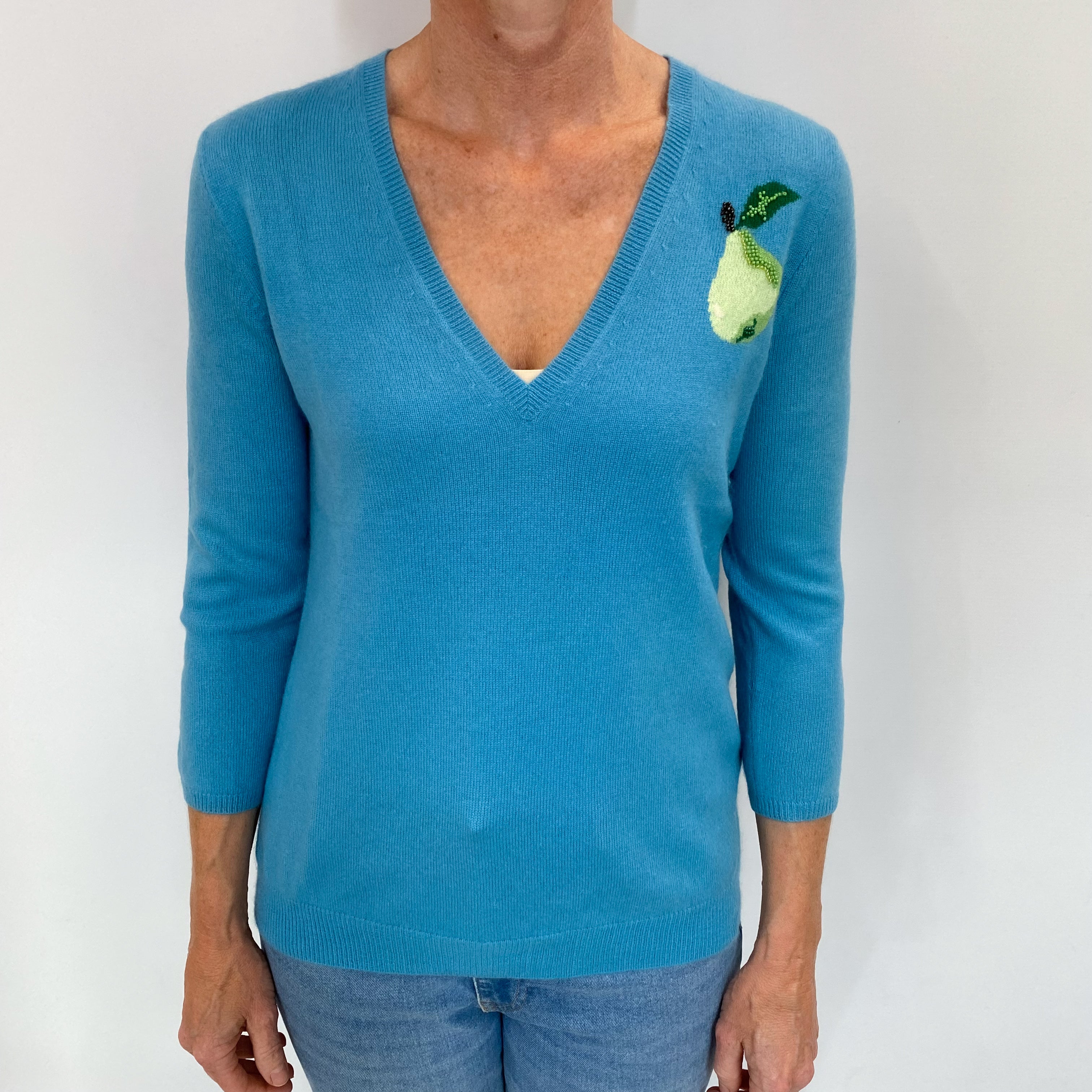 Muted Aqua Blue Cashmere V Neck Jumper Small
