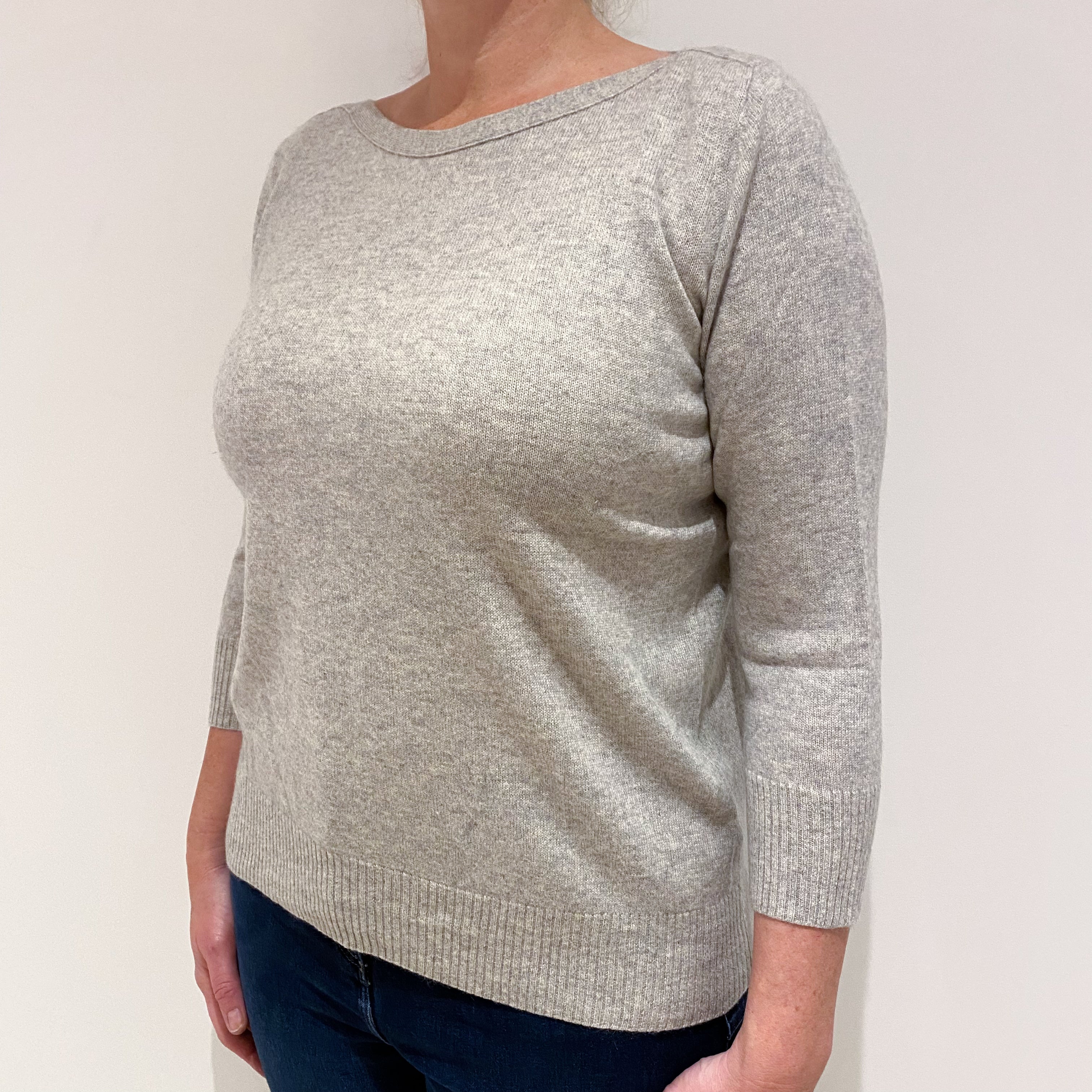Mist Grey 3/4 Sleeve Cashmere Boat Neck Jumper Large