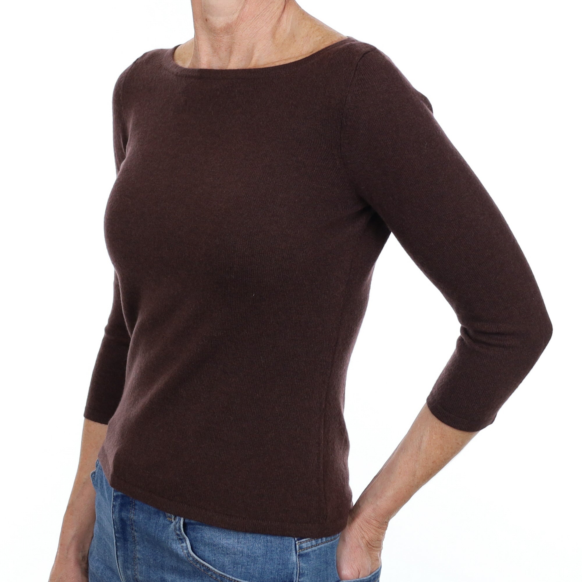 New Chocolate Brown Cashmere Wide Crew Neck Jumper Small