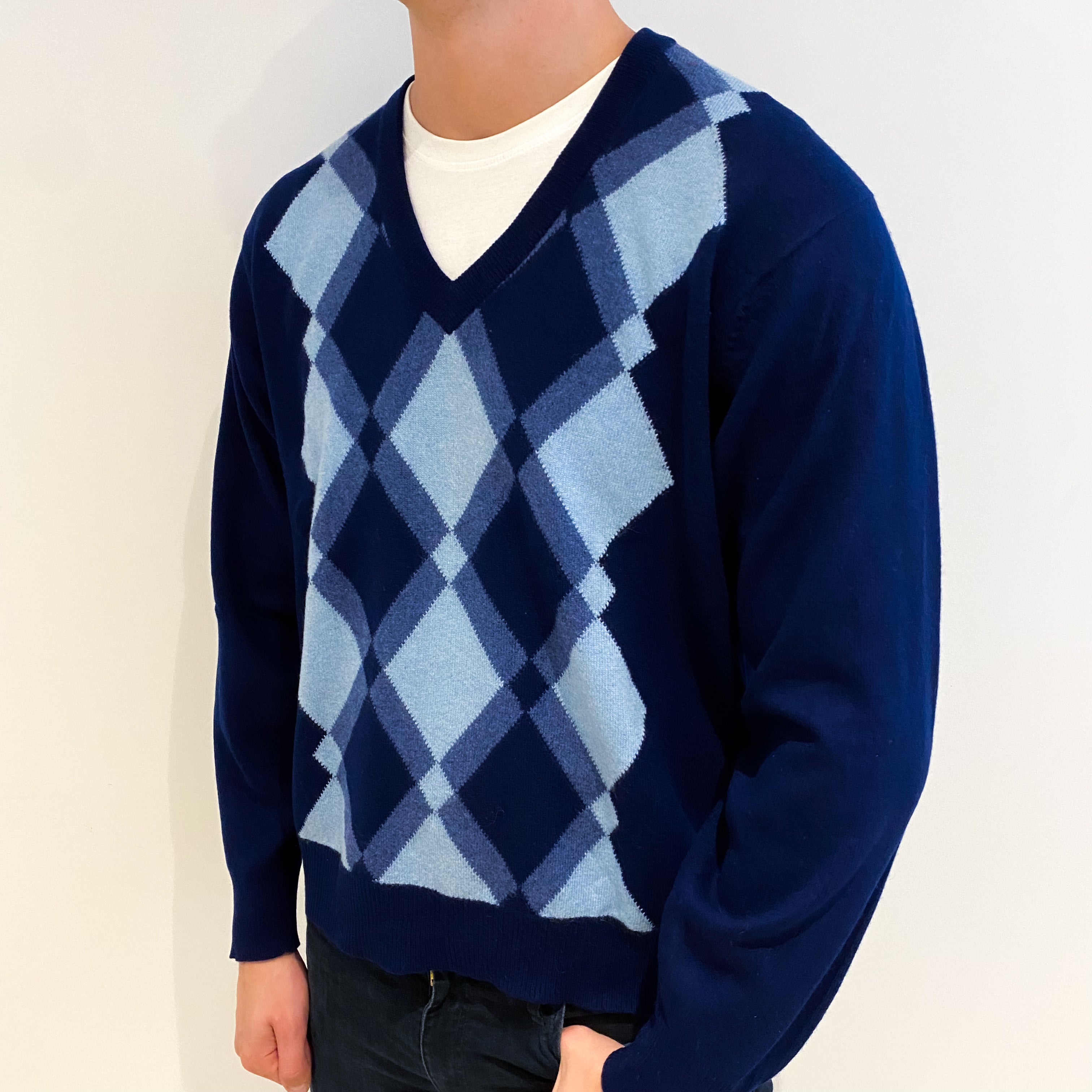 Men's Midnight Blue Diamond Cashmere V Neck Jumper XXL