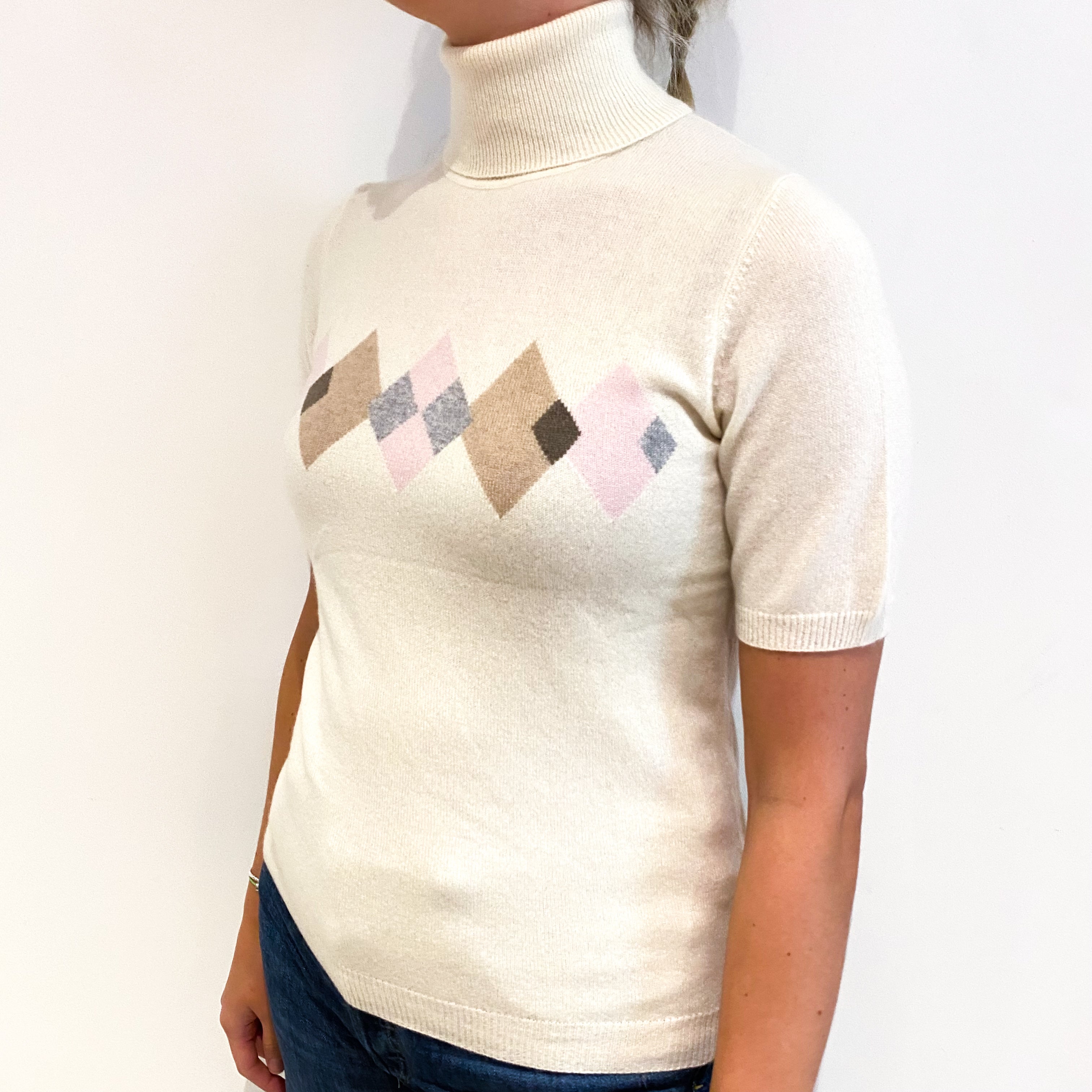 Ivory Diamond Patterned Cashmere Short Sleeved Polo Neck Jumper Small
