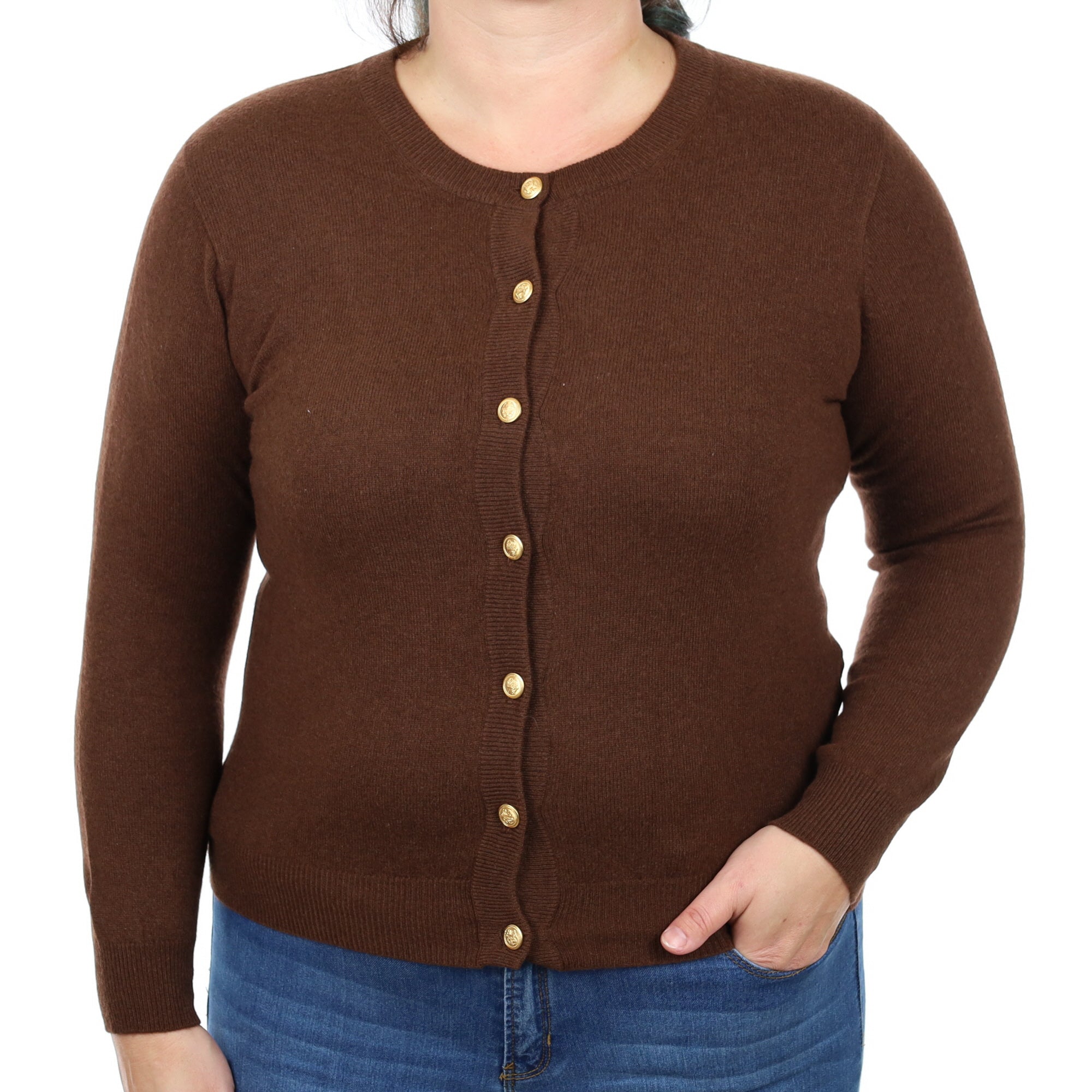 Auburn Brown Cashmere Crew Neck Cardigan Large