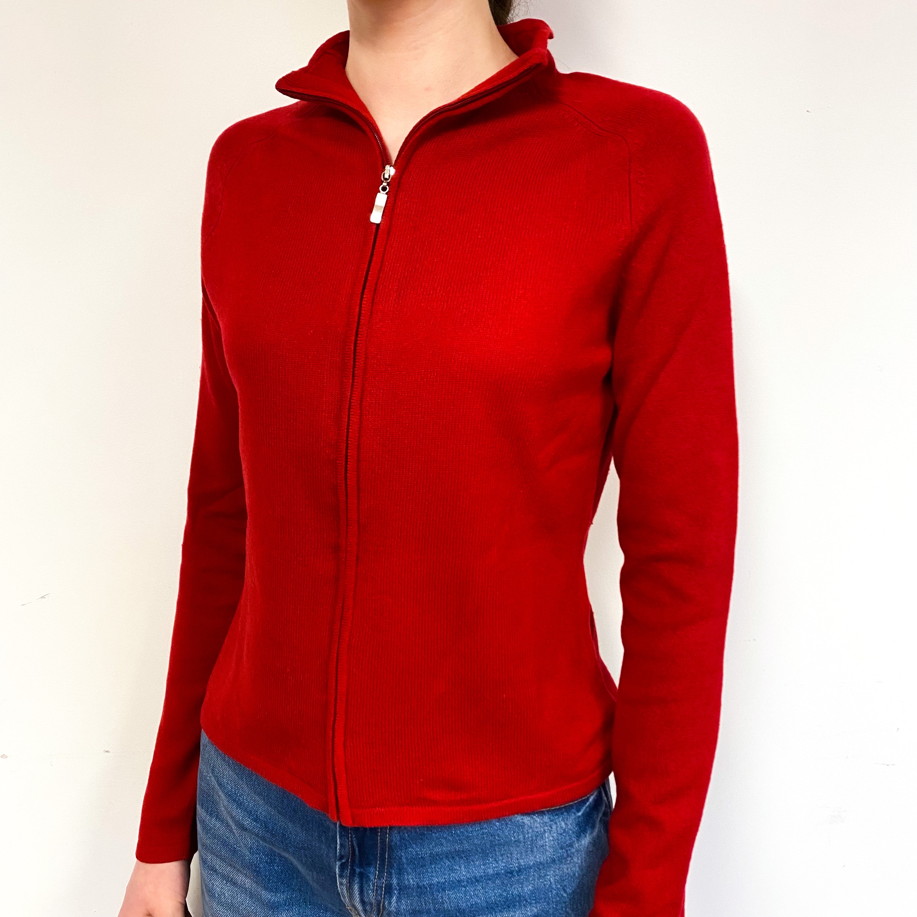 Post Box Red Cashmere Zip Front Cardigan Extra Small