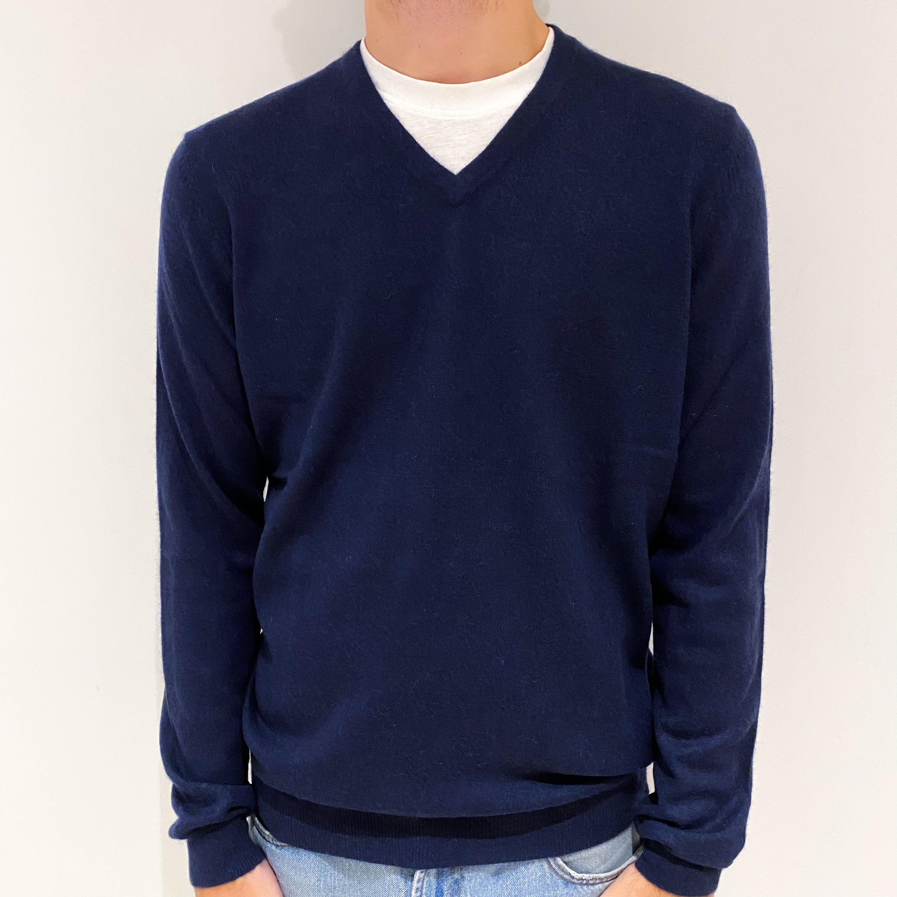 Men's Airforce Blue Cashmere V-Neck Jumper Large